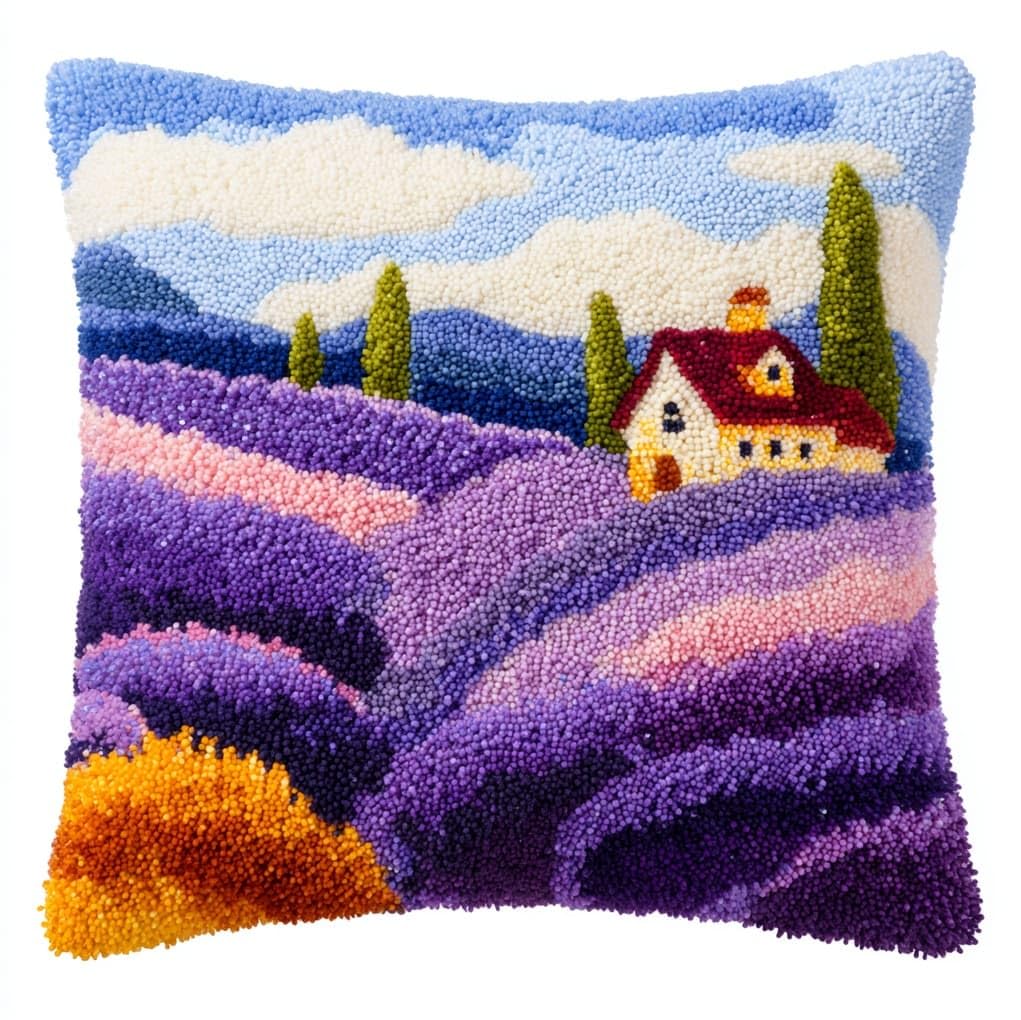WallustrioaW DIY Latch Hook Kits,Lavender Manor,Needlework Pillow Cover DIY Hooks Knitted Pillow Embroidery Latch Hook Cushion Kit,17x17in