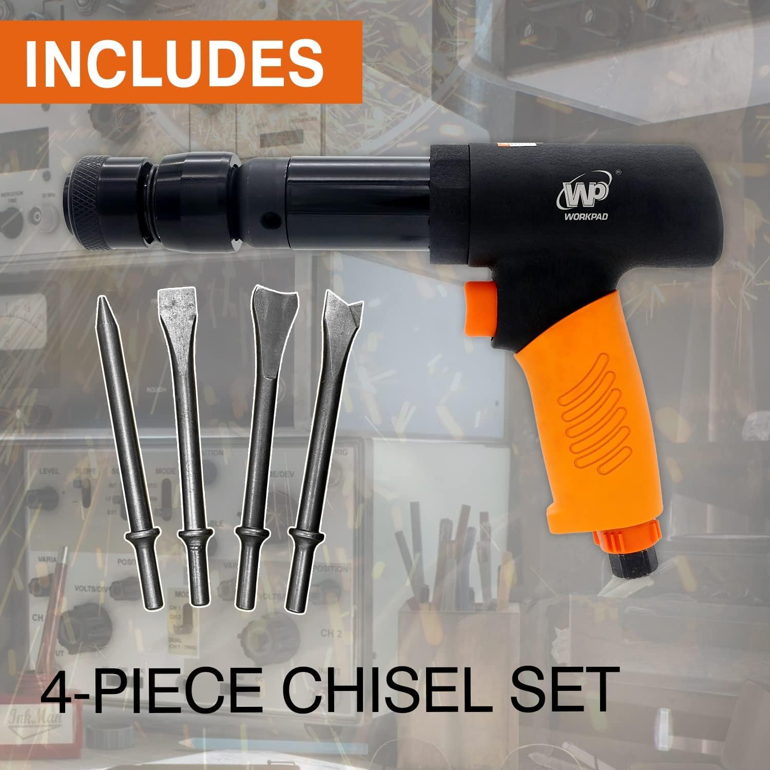 WP WORKPAD Air Hammer, 270mm Long Barrel, 4pcs Chisels, Quick Change Retainer, Straight Edge, High Carbon Steel Blade, Air Chisel Kit - Image 4