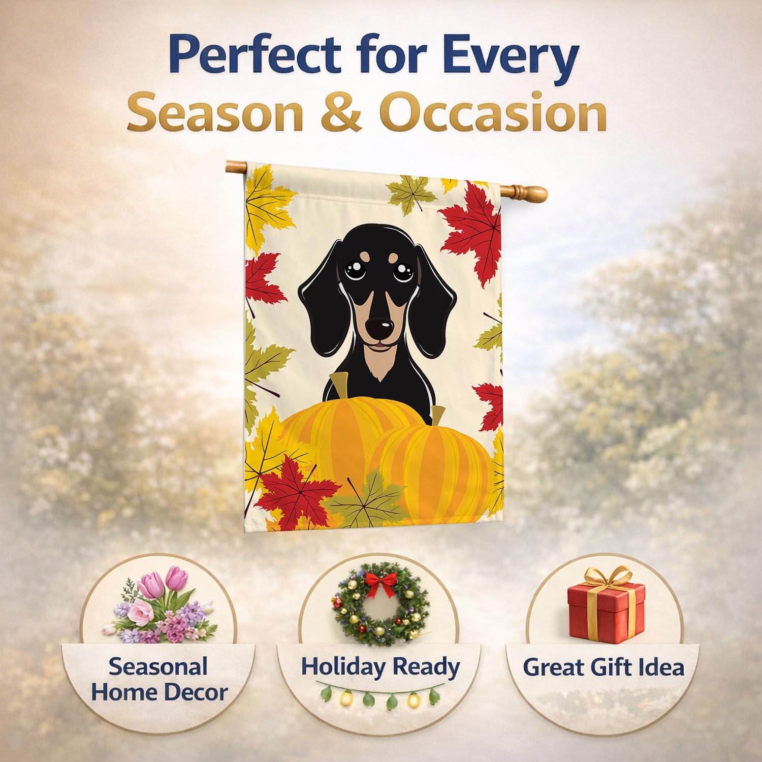 Caroline's Treasures BB2021CHF Smooth Black and Tan Dachshund Thanksgiving House Flag Large Porch Sleeve Pole Decorative Outside Yard Banner Artwork Wall Hanging, Polyester, House Size, Multicolor