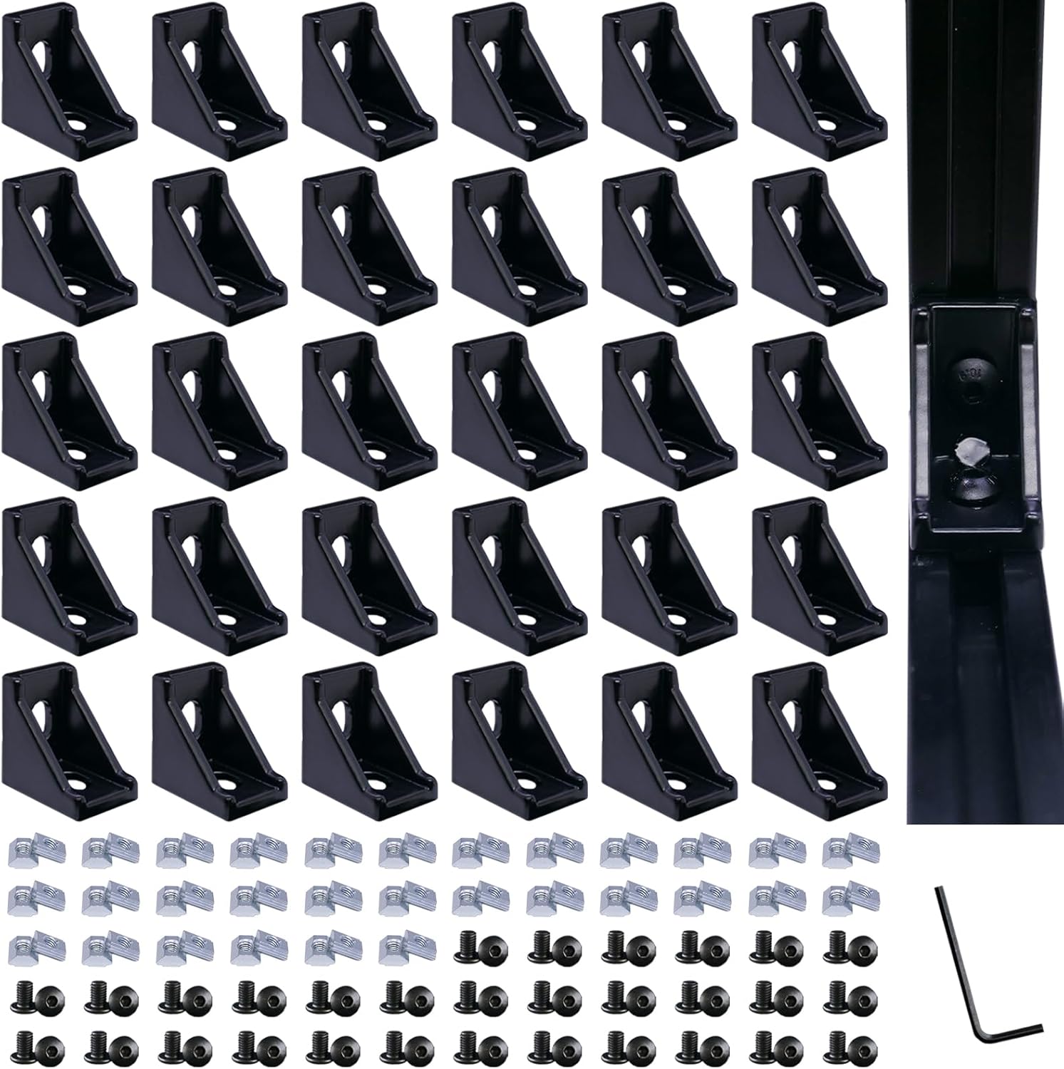 30 Sets 2020 Aluminum Extrusion Black Connectors,30pcs 2020 Series Corner Brackets,with 60pcs Sliding T Nuts and Screws, for Aluminum Extrusion Profile Slot 6mm