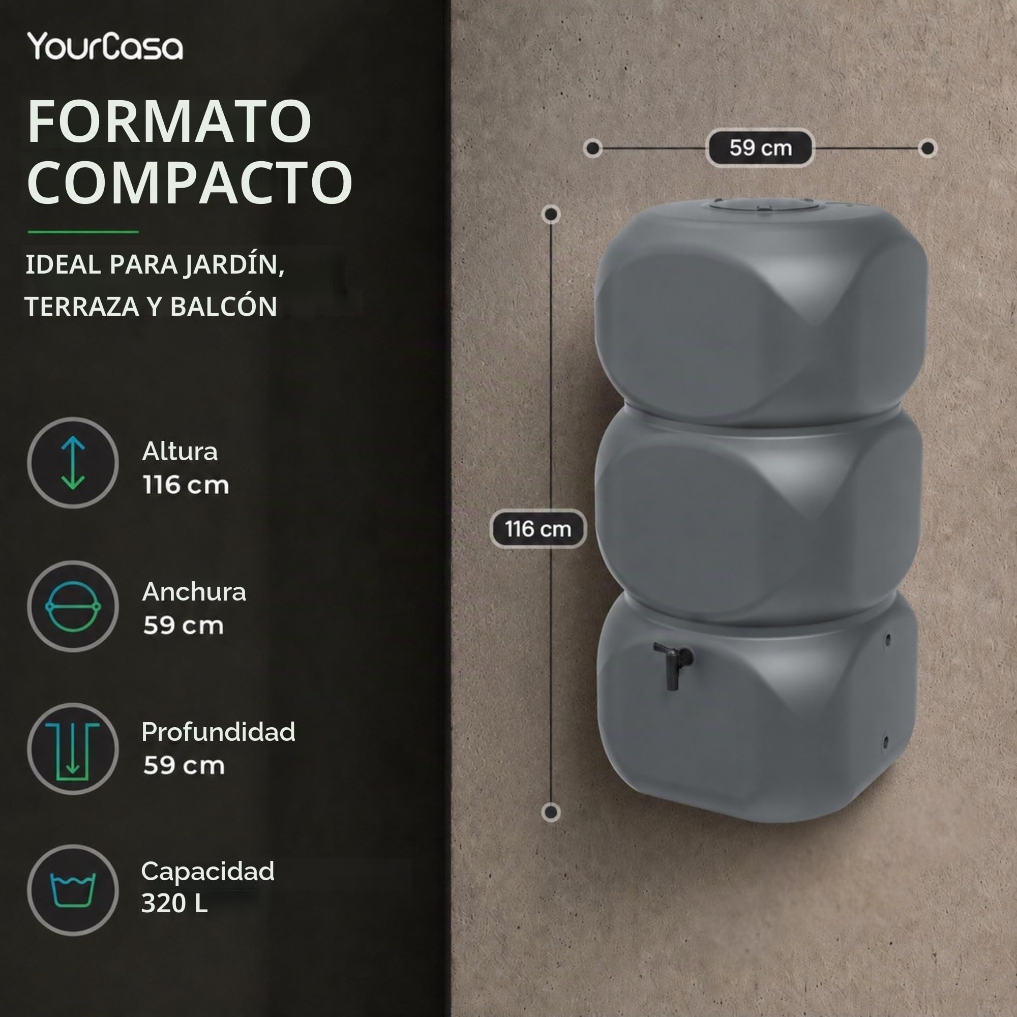 YourCasa Tanque de lluvia de 320 litros [Aquablock] incluye conector para bajante, grifo y tapa, barril de agua de forma cuadrada, a prueba de heladas, depósito de agua de lluvia, para jardín (gris)
