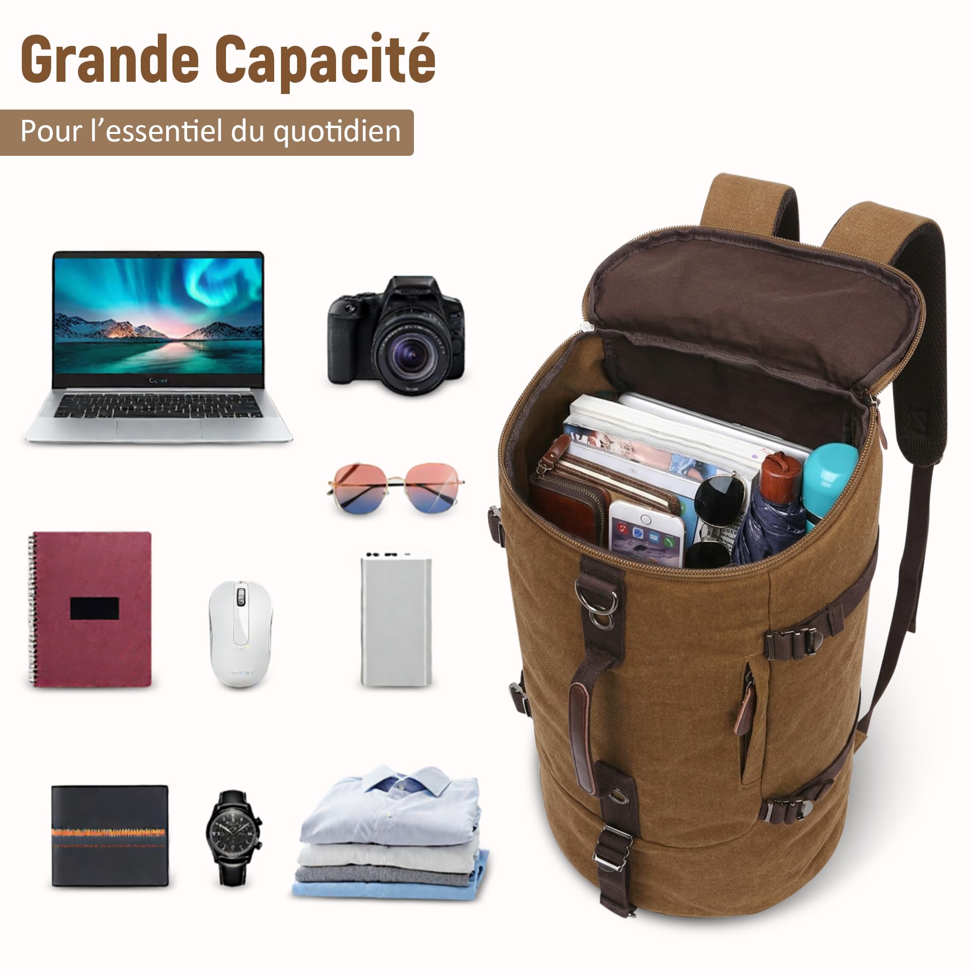 Vintage Sac à Dos Homme Grande Capacité Convertible Sac de Voyage avec Compartiment Caché Sac Week-End pour Voyage Randonnée Loisir Quotidien Extérieur Toile Homme Backpack Brun