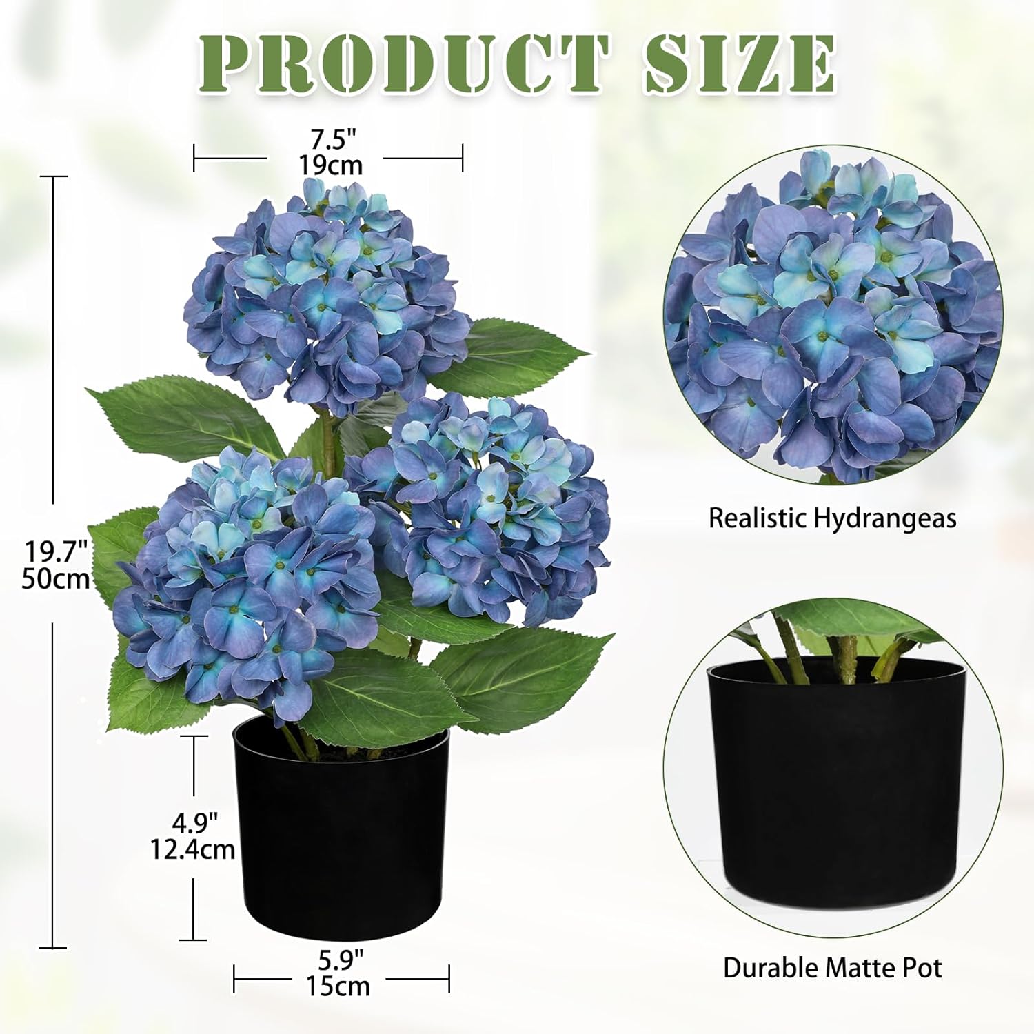 Hollyone Blue Hydrangea Artificial Flowers in Pot Large Silk Three-Head Hydrangeas Flowers Fake Flowers Arrangements for Indoor Home Office Kitchen Table Centerpieces Wedding Decorations