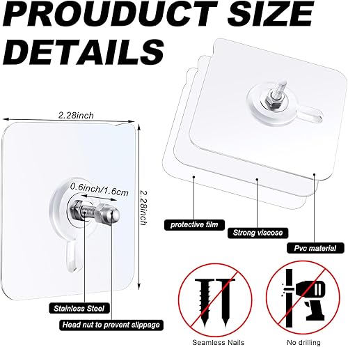 Miniatura 5 de Sosation 20 ganchos autoadhesivos para uñas de pared sin ganchos para colgar, ganchos transparentes reutilizables, ganchos adhesivos resistentes,