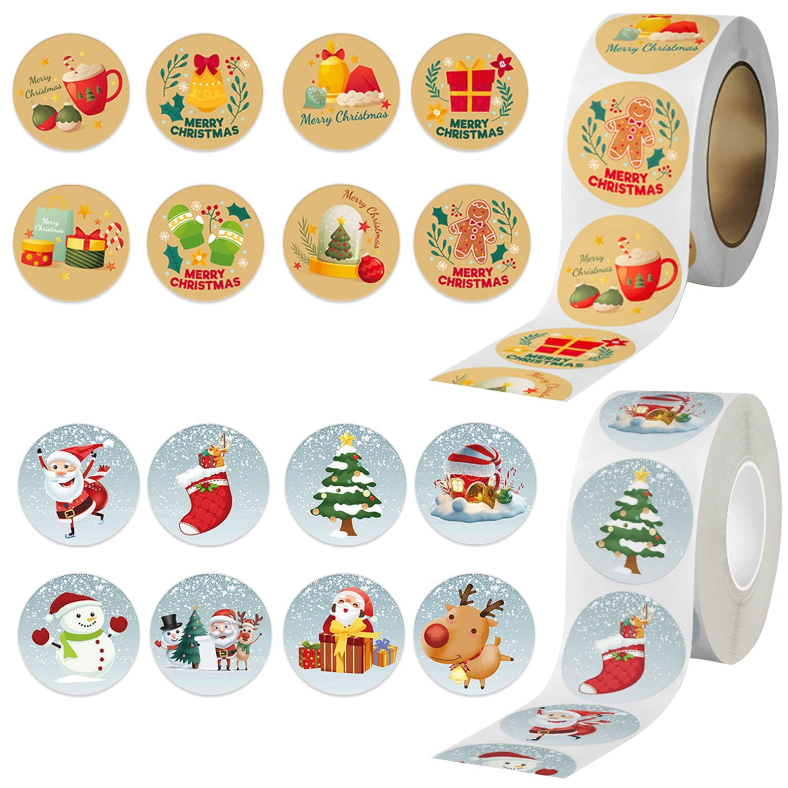 MLPKOI 1000 Pcs 2 Rolls Merry Christmas Stickers, Round Christmas Stickers Roll, Xmas Adhesive Gift Tag for Card Making Sealing Envelopes Wrapping Presents Gold Foil Snowflake Self Adhesive