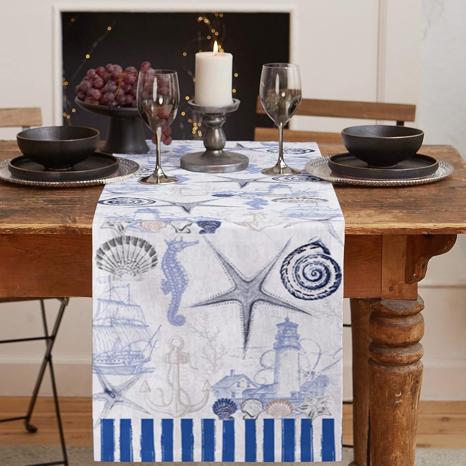 13 x 90 inches Table Runner Cotton-Polyester Blend, Ocean Marine Theme Nautical Sea Animals Retro Blue Table Runner for Table Decorations, Indoor Outdoor Parties, Farmhouse & Family Gathering, 1 Pack