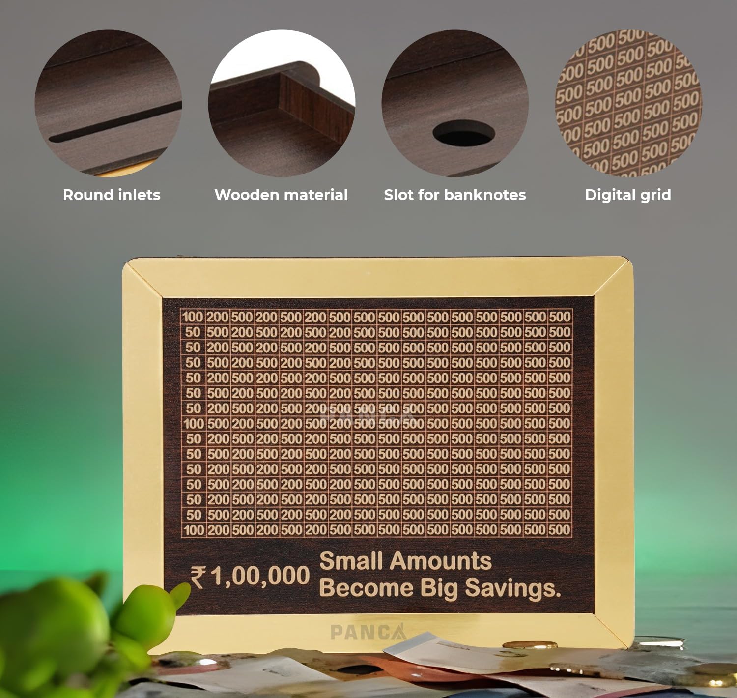 PANCA Wooden Piggy Bank with Pen Money Saving Box for Kids & Adults, Coin Savings Box Wooden Coin Box, Money Saver, Piggy Bank with Numbers Rupees Savings Box