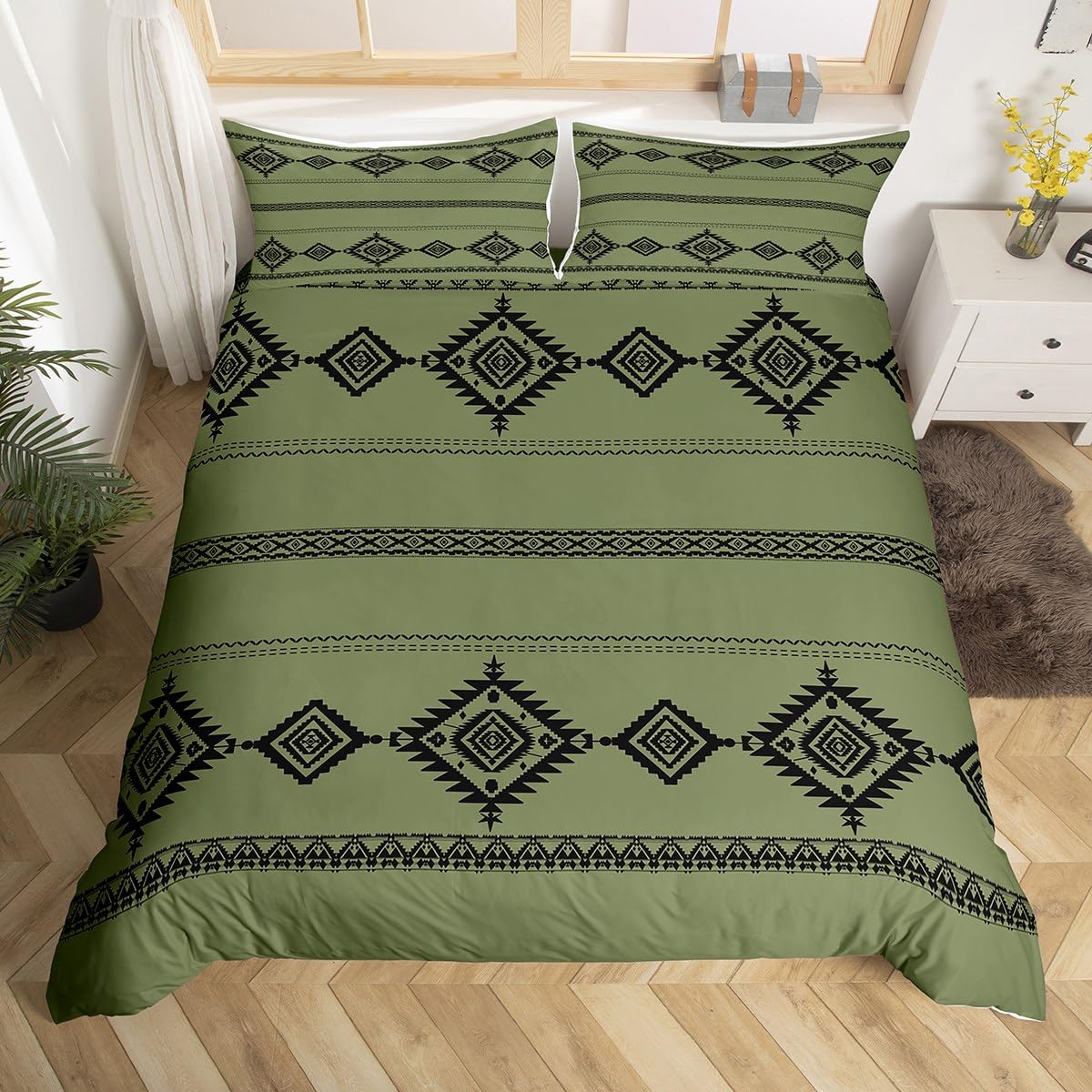 Loussiesd Western Bedding Set Single Size Kids Southwestern Native Duvet Cover for Boys Girls Teens Wild West Cowboy Comforter Cover Soft Tribal Bohemian Room Decor Green Black