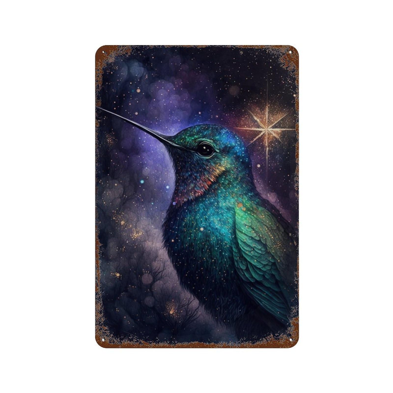 Weathered Tin Sign with Galactic Hummingbird Art Print -1 Design 11.8"x7.9", for Office, Studio And Wall Decor, Retro Wall Decor