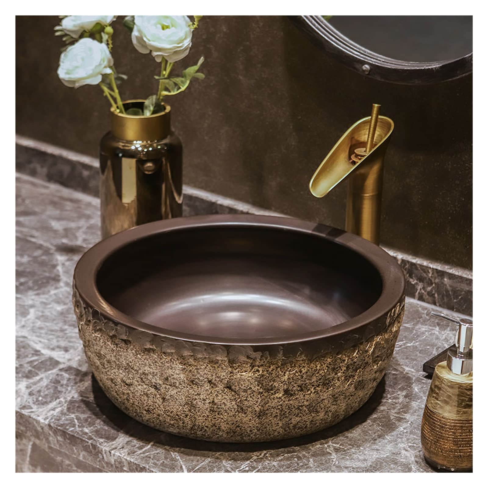 Sjdopulse Bathroom Vessel Sink, Round Above Counter Vanity Sink Bowl, Porcelain Ceramic Art Basin With Faucet And Pop-Up Drain, Stone Textured