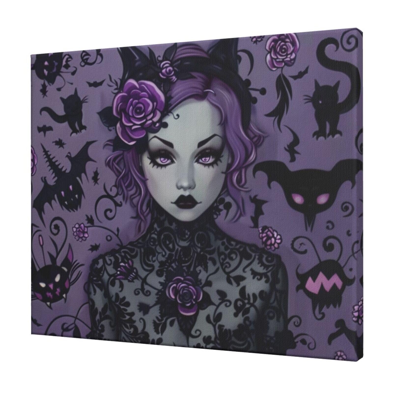 YKLJG Purple Black Goth Spooky Printed Wall Art Canvas Prints 60x50 CM Wooden Framed Picture Painting Artwork for Bedroom Kitchen Home Office Decor