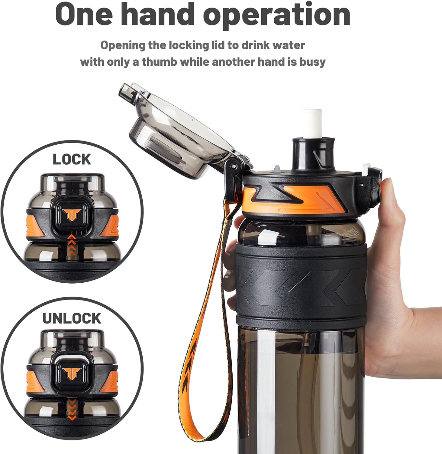 TKK Sports Water Bottles with Removable Straw 34 oz Leak-proof Flip Top Lid BPA Free Tritan Bottles with Strap for School, Fitness, Gym, Outdoor, Black - Image 2