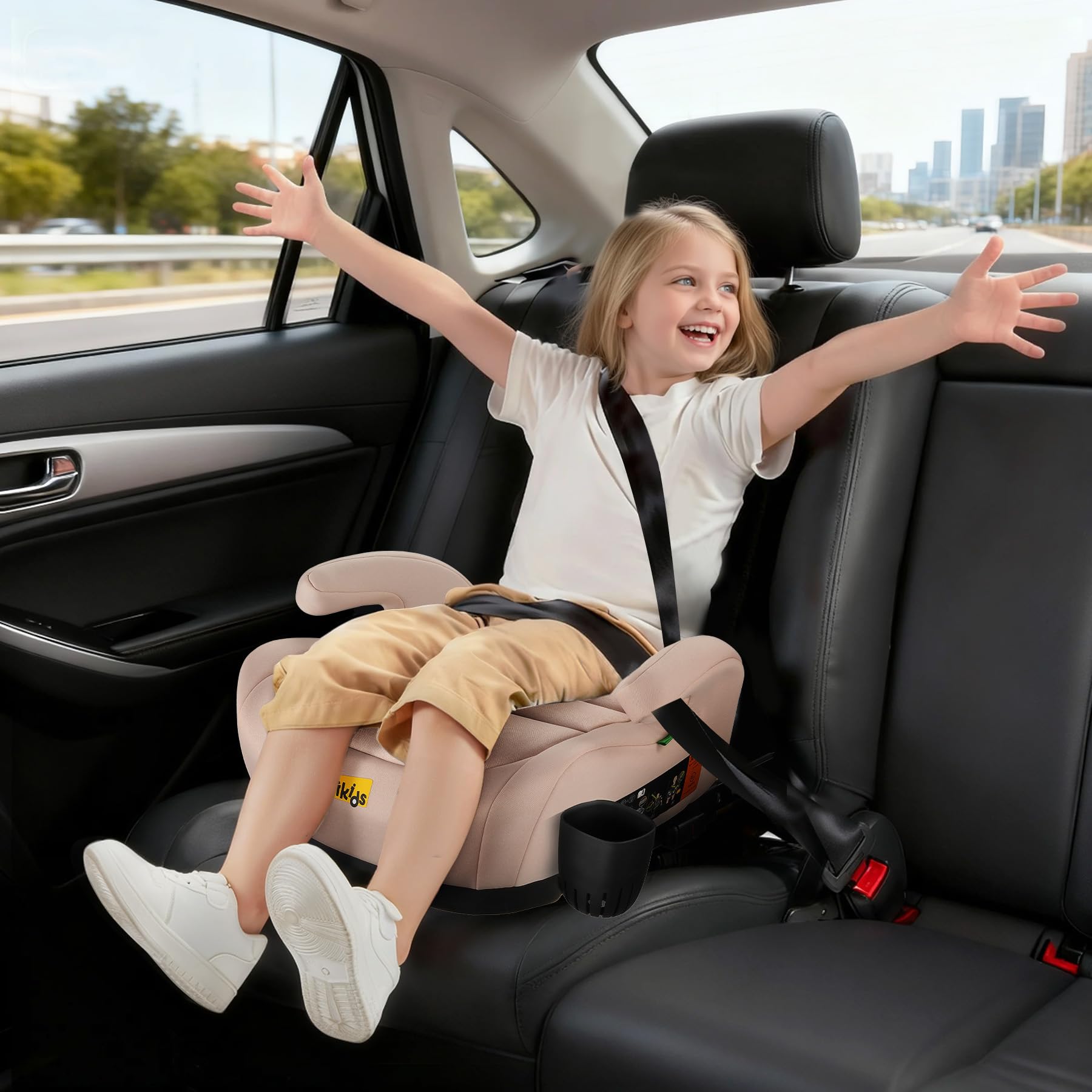 Jovikids Alzabimbo Auto ISOFIX,Rialzo per Bambini 125-150 cm ECE R129, Seggiolino Auto Gruppo 2-3 (15-36 kg) da 6 a 12 Anni, Leggero e Facile da Pulire (Rosa migliorato, portabicchieri)