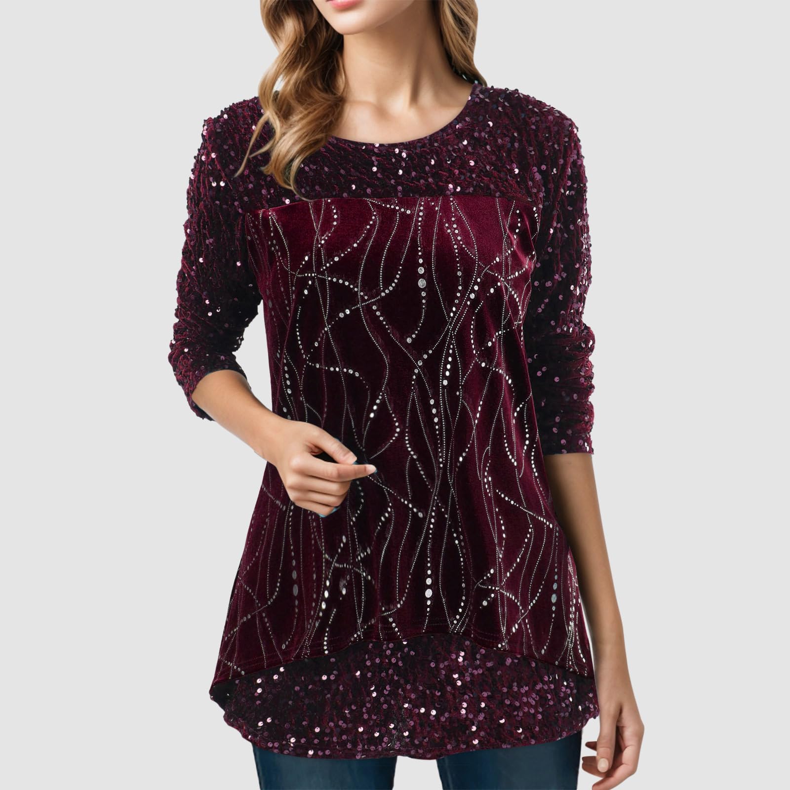Glitzer Oberteile Damen, Pailletten Bluse Damen Elegant,T Shirt Damen Langarm Asymmetrischer Saum Langarmshirt Locker Tunika Tops Longshirt Festliche Party Oberteil Blusen & Tuniken für Frauen