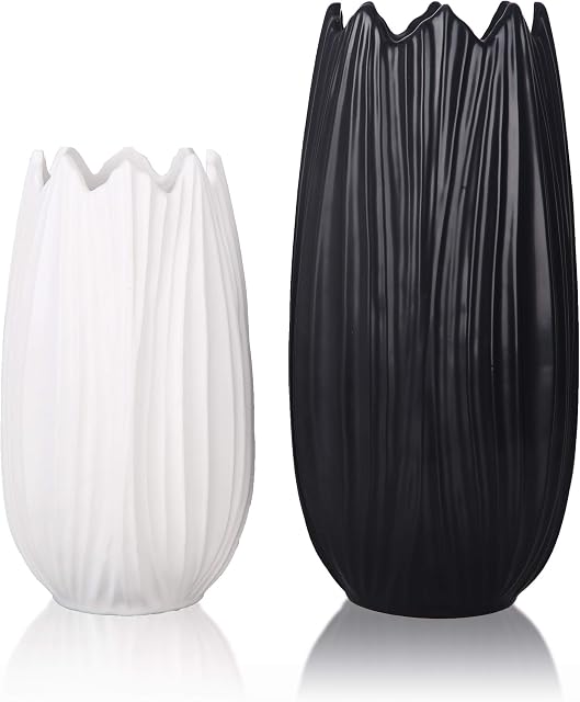 TERESA'S COLLECTIONS 2 PCS Black White Ceramic Vase for Flowers, Modern Large Tall Vases for Pampas Grass, Decorative Pottery Vase with Leaves Shape for Home Decor, Living Room and Mantel, 21cm/28cm