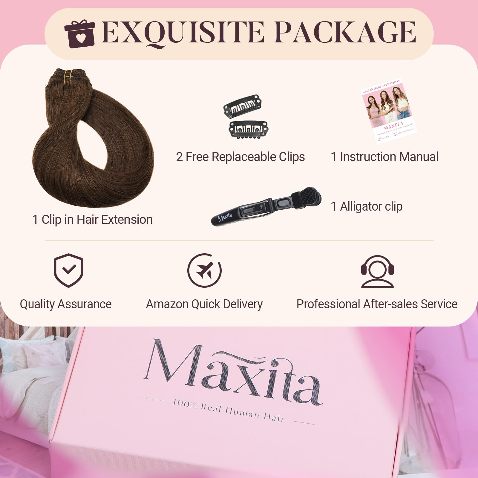 MAXITA Clip in Hair Extensions Real Human Hair 100% Remy Hair Extensions Clip ins Double Weft for Women,Natural Human Hair,16inch 120g 7Pcs,Chocolate Brown — view 8