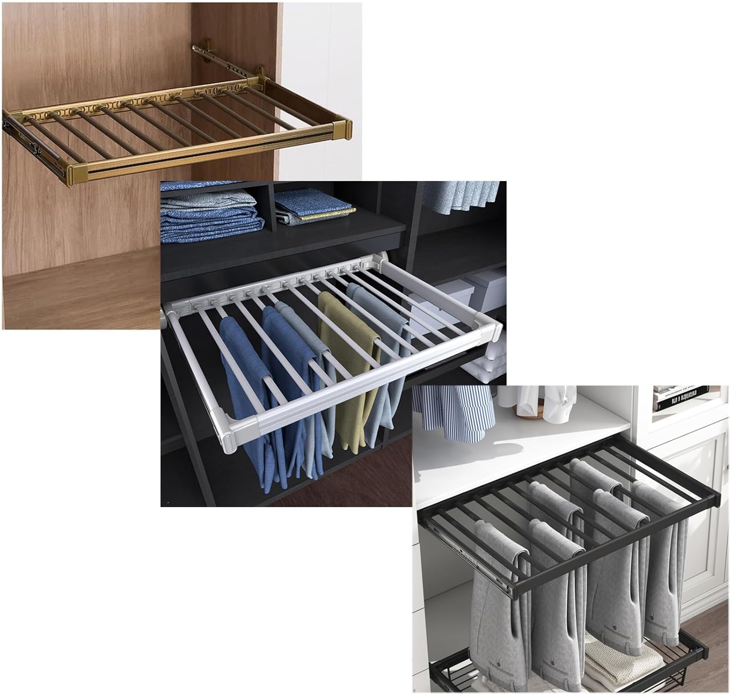 Pull Out Closet Pants Hanger Trousers Rack 7/11/15 Arms Steel Multi-Functional Space-Saving Pants Rack Retractable Closet Pull Out Rod for Clothes Arrangement (Color : Gold, Size : 45-60cm)