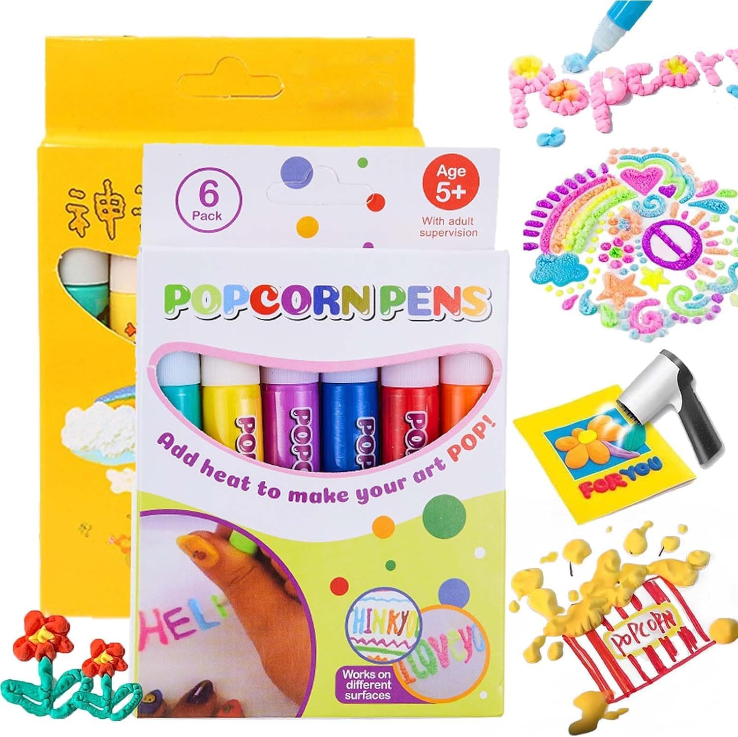 PUZAME 2 Pack DIY Bubble Popcorn Drawing Pens Magic Puffy Bubble Pen Puffy 3D Art Safe Pen, Popcorn Pens, Magics Colour DIY Bubble Popcorn Drawing Pens for Kids Children Greeting Birthday Gift
