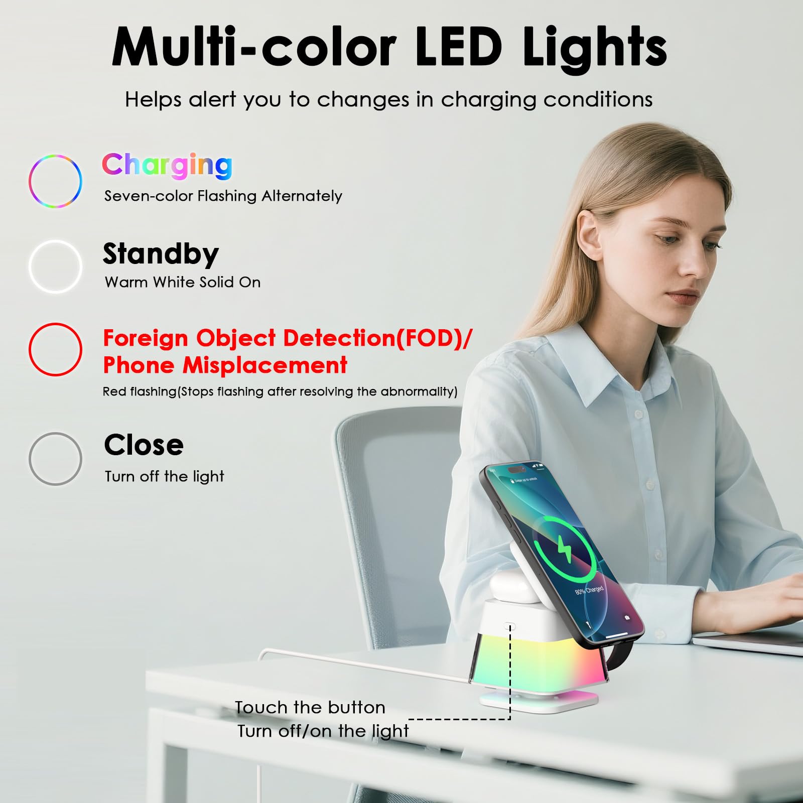 Minthouz Stazione di ricarica 3 in 1 per iPhone, caricabatterie wireless veloce da 15 W con lampada notturna, supporto magnetico pieghevole da viaggio per iPhone 17/16 15 14 13/Apple Watch/AirPods
