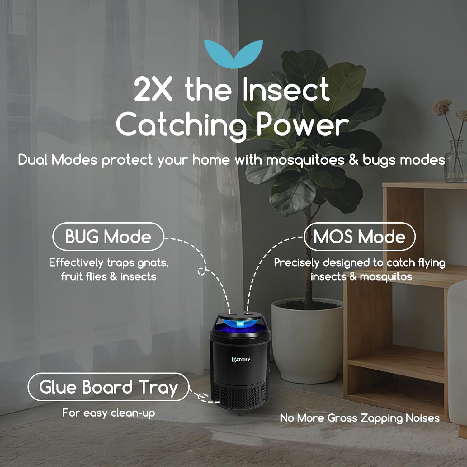 Katchy Indoor Flying Insect Trap – Catcher & Killer for Mosquitoes, Fruit Flies, Gnats & Moths – Non-Zapper with Suction & Blue Light – Ideal for Indoor Spaces, Kitchens & Plants (Original, Black)