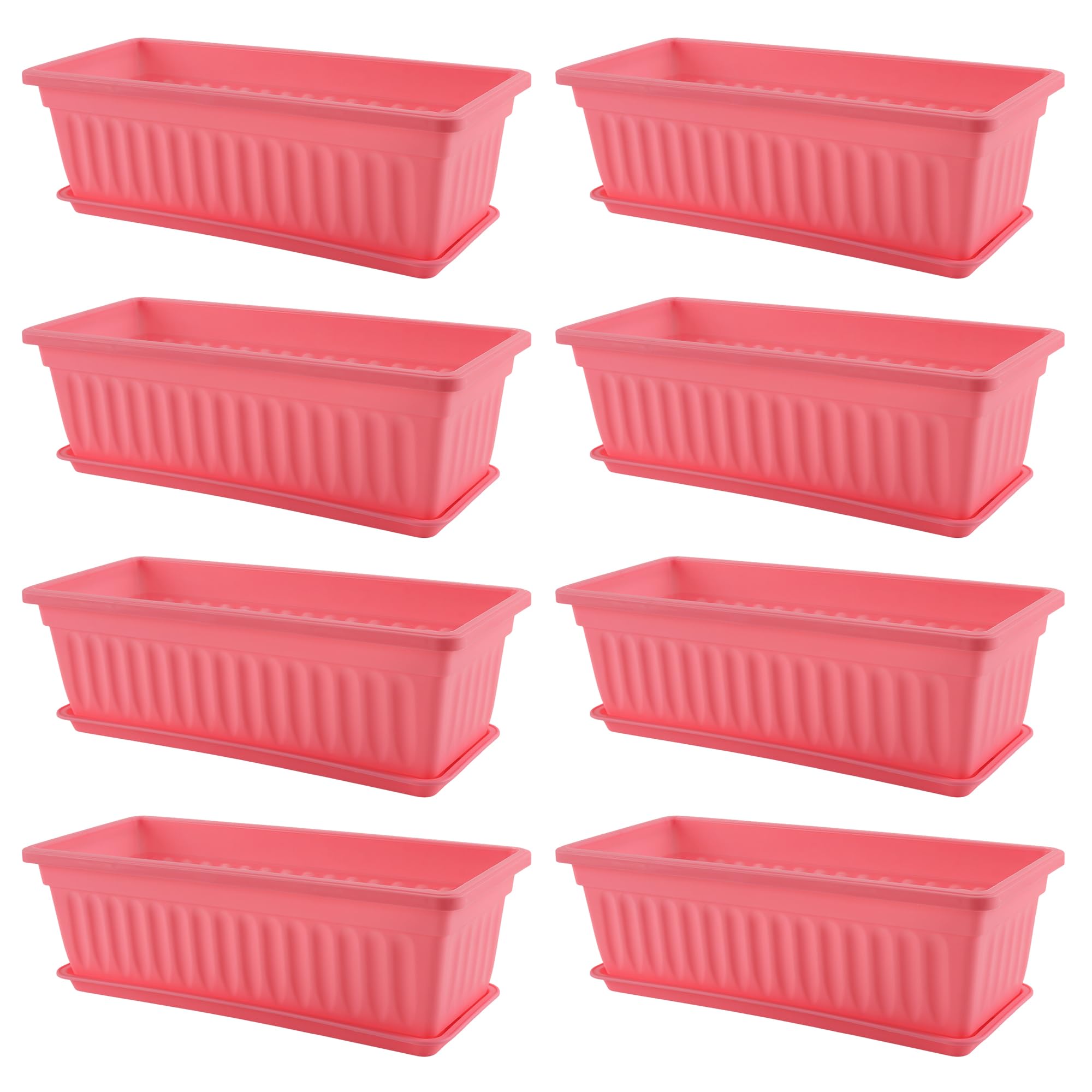 ZOENHOU 8 Set 43cm Flower Window Box, 17 Inch Rectangular Plastic Planter with Trays for Windowsill, Patio, Garden, Home Décor, Porch, Pink