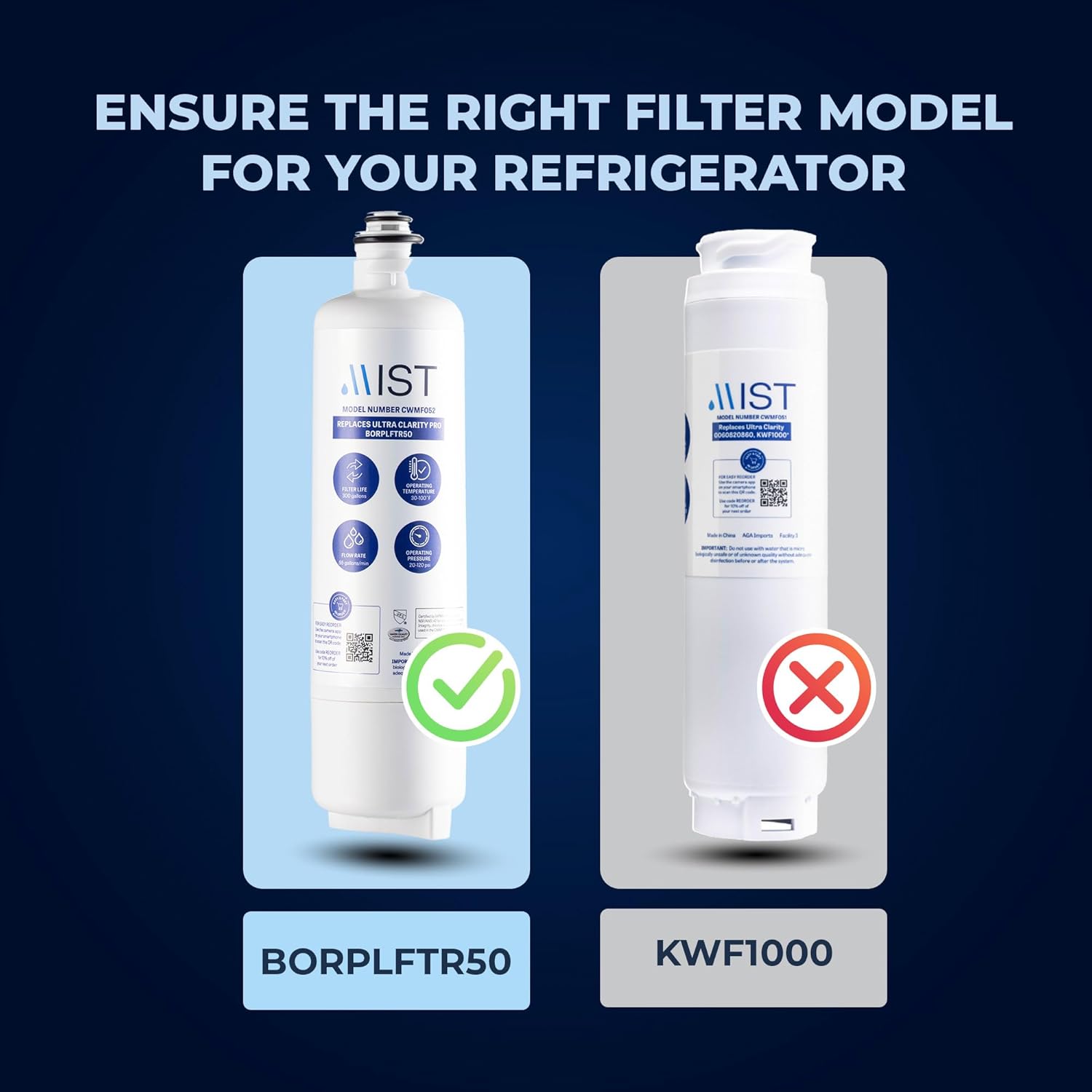 Mist Ultra Clarity Pro Water Filter Replacement compatible with Bosch BORPLFTR50, Refrigerator Water Filter compatible with BORPLFTR55, 12033030, 11032531, WFS200MF, RA450022, REPLFLTR55 (2 pack)