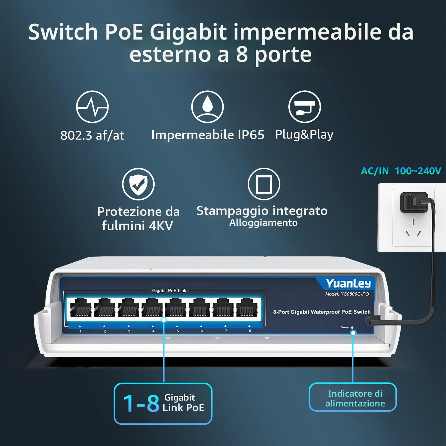 YuanLey Switch PoE a 8 Porte Gigabit Ethernet Impermeabile per Esterni Switch di Rete non Gestito 1000Mbps, Alimentazione Integrata da 120 W, Supporto IEEE802.3af/at e Plug & Play