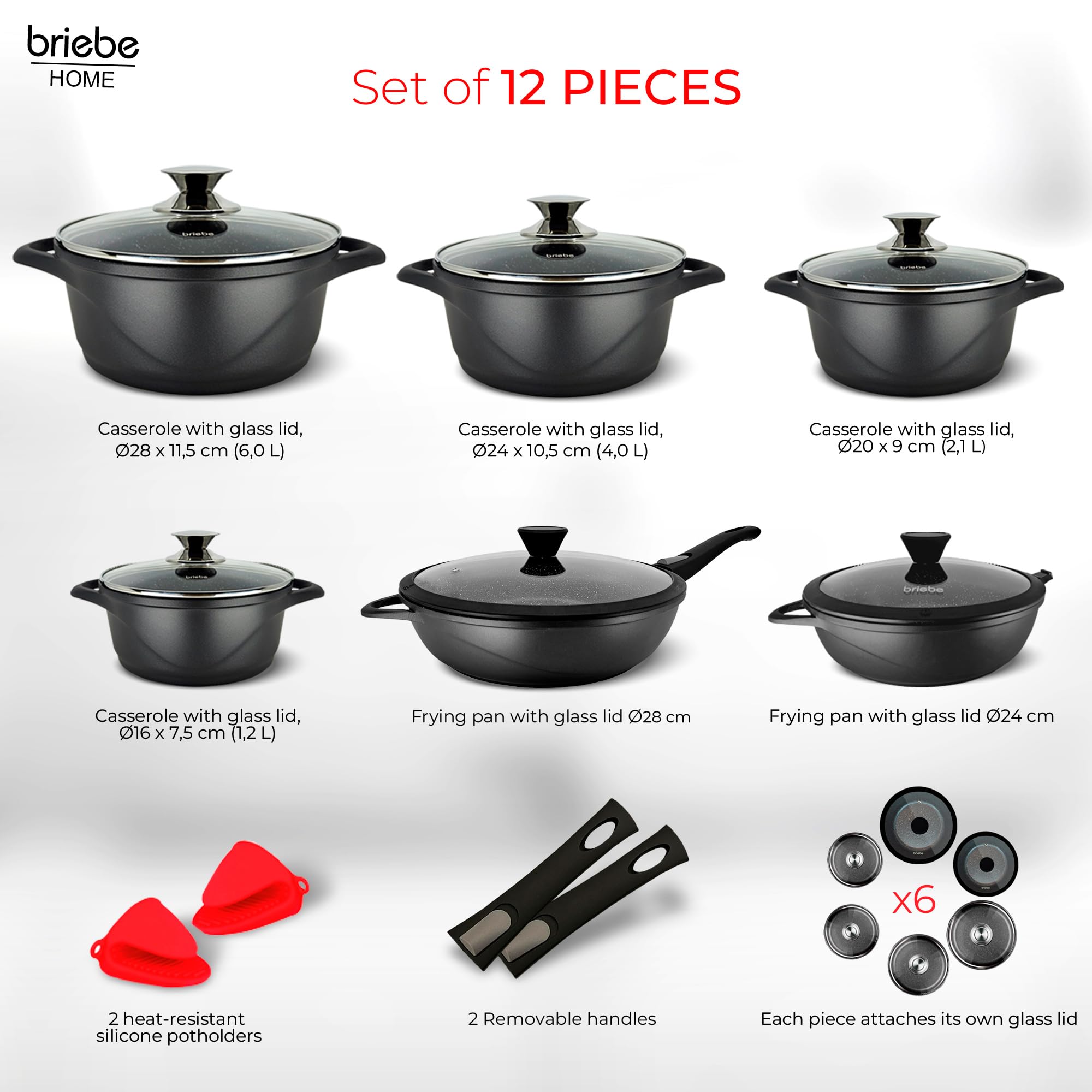 Zestaw garnków do indukcji briebe 12 części, zestaw 4 garnków z odlewów aluminiowych + 2 patelnie do smażenia, powłoka nieprzywierająca ILAG Granitec bez PFOA, zestaw garnków i pokrywek szklanych