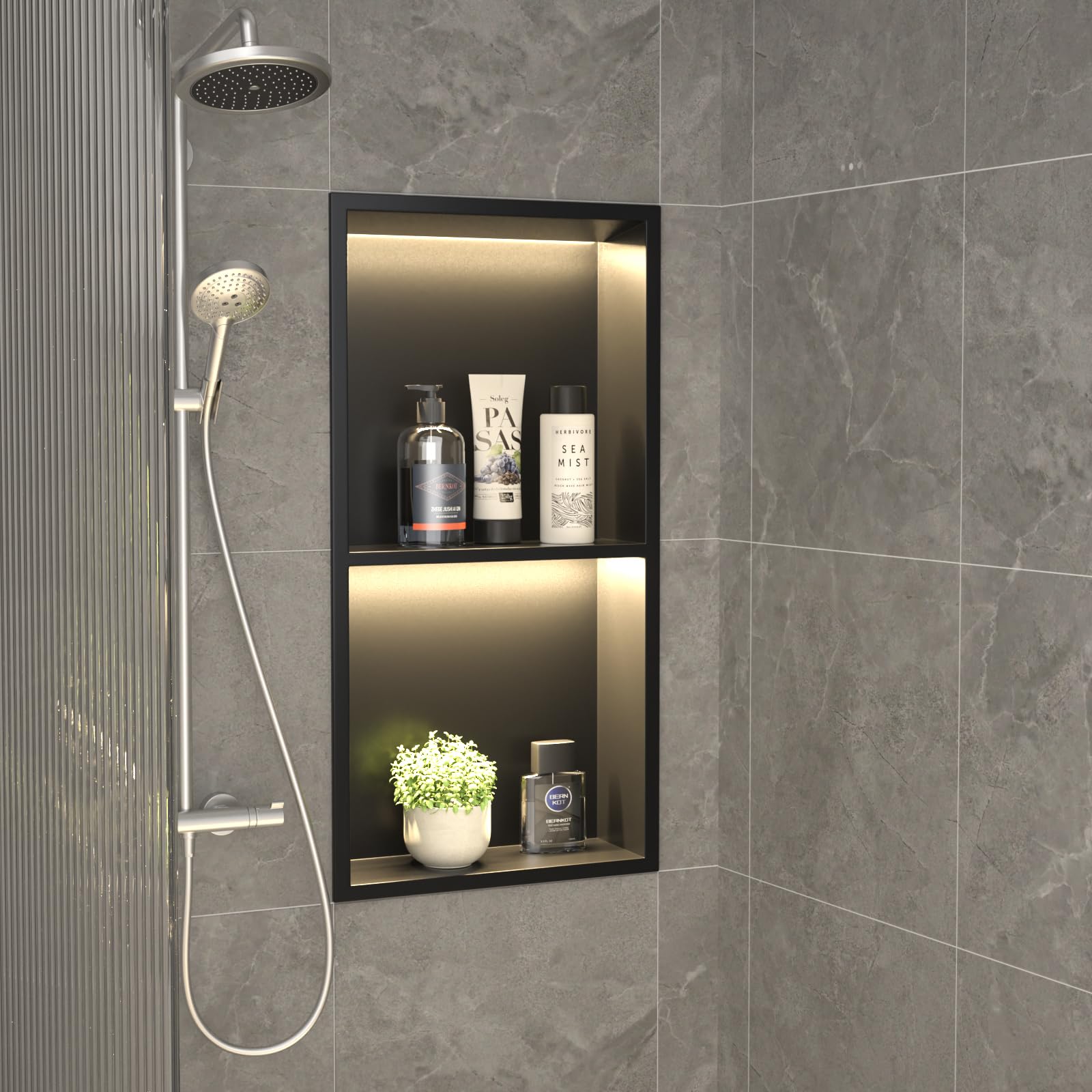 HOTIS 24X12 Inch Shower Niche, Wall Niche Stainless Steel, No Tile Needed Bathroom Recessed Wall Niche Shower Shelf Bathroom Storage Mount Installation