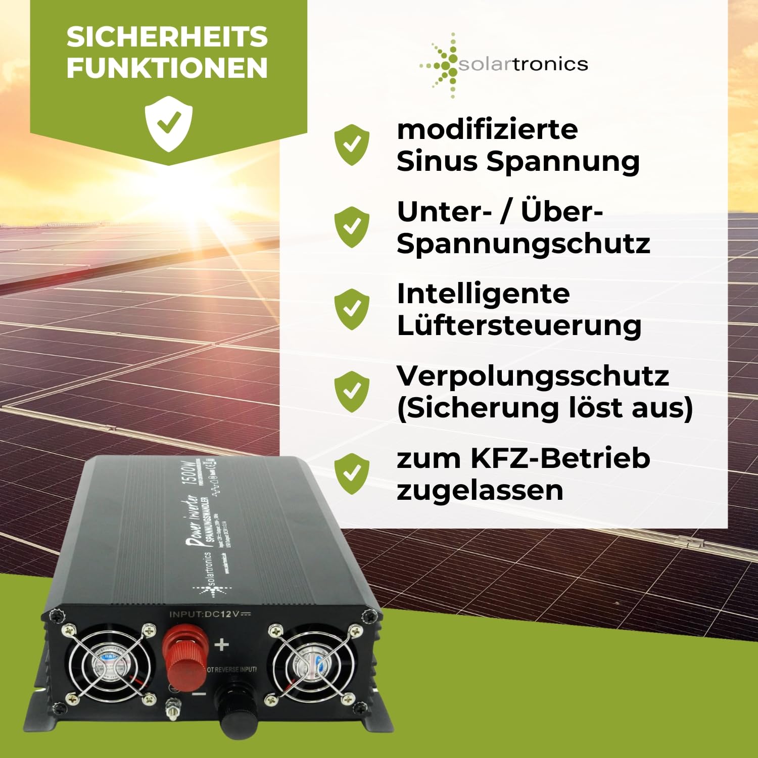 SOLARTRONICS Transformador de tensión NM1500 12 V 1500 W Negro – 3000 W de Potencia máxima – inversor de 12 V a 230 V – Batería de Plomo o AGM Compatible – con Conector Schuko y USB