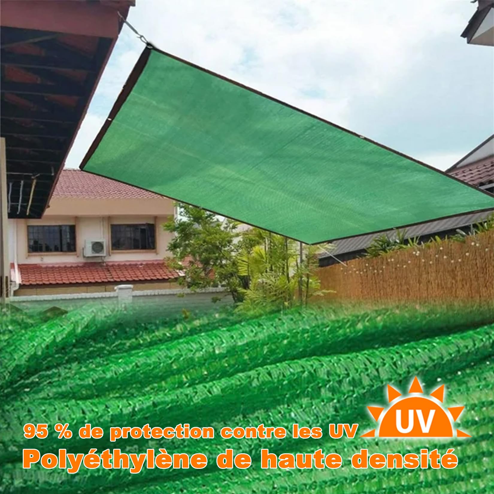 Toldo de vela de 9 x 9 m, 90 % de protección UV, para patio, jardín, balcón, sol, tela verde para aliviar el calor