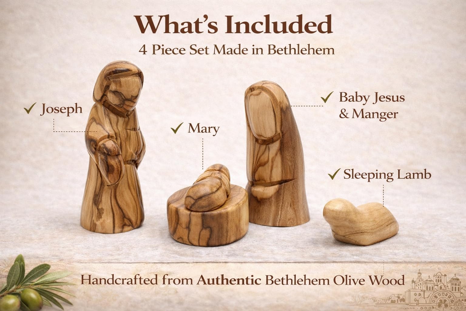 Zuluf Petites figurines de la Sainte Famille en bois d'olivier – Joseph, Marie et Bébé Jésus – Crèche de Noël en bois pour décoration d'intérieur