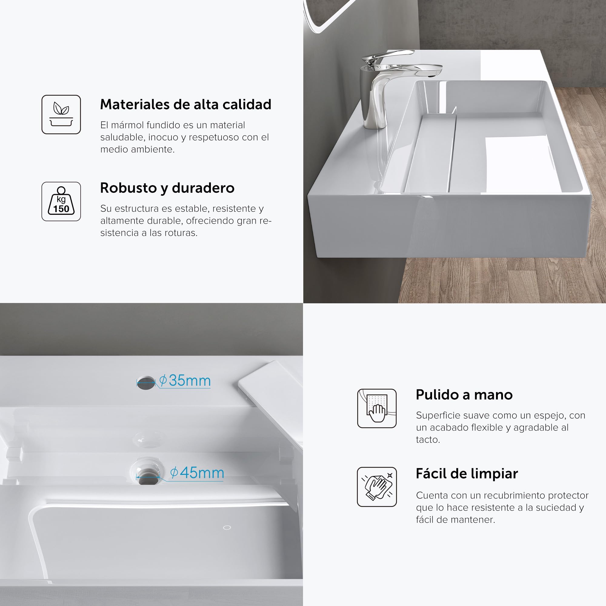 doporro Lavabo sobre Encimera o Suspendido 100x48x13 cm, Mármol Fundido Blanco, Desagüe Oculto, Lavabo Izquierdo, Colossum12