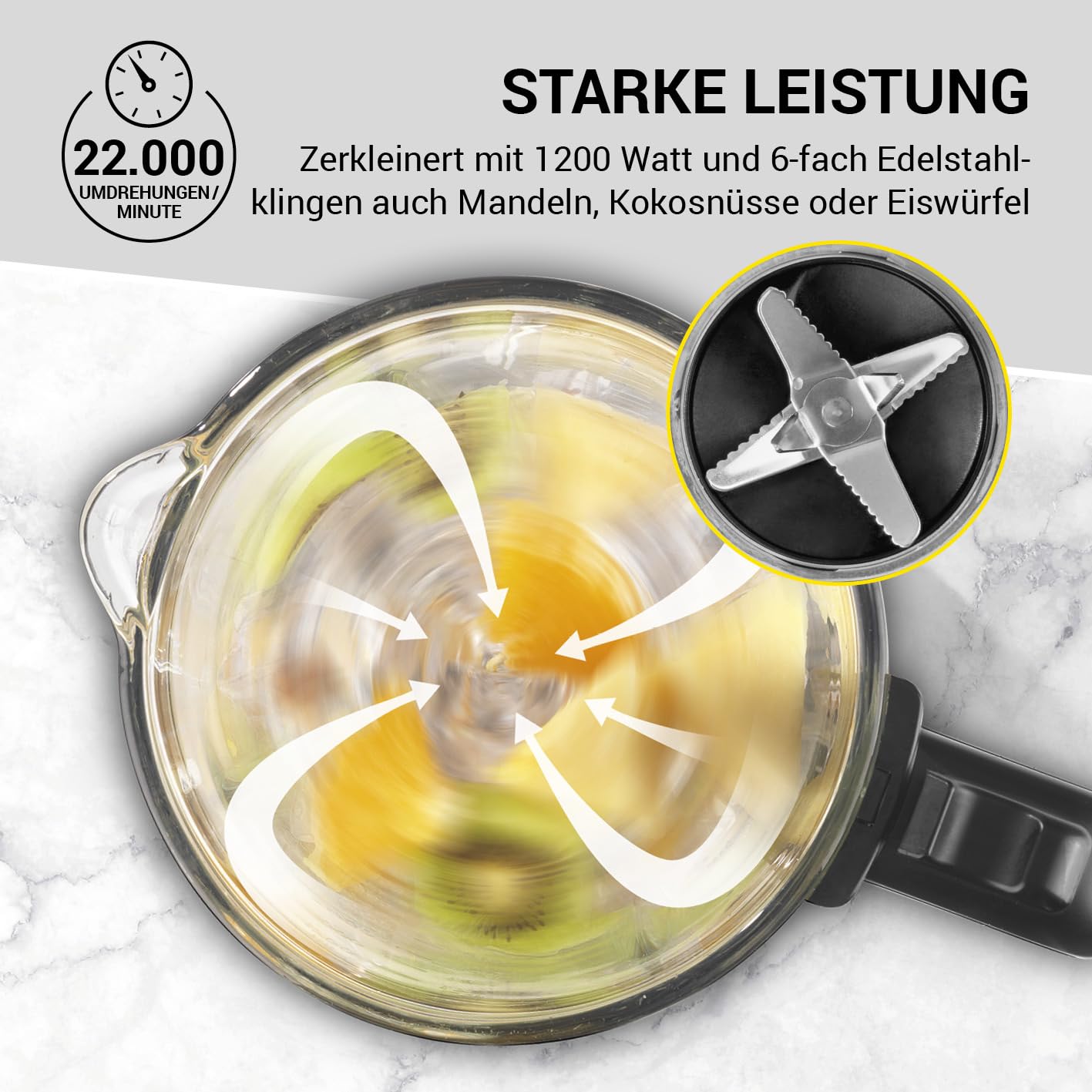 Mikser stojący w edycji Midnight | 3 programy: Smoothie, Ice Crush, Auto Clean | 6-krotne ostrza ze stali nierdzewnej | szklany pojemnik 1750 ml z pokrywką | 1200 W | 22 000 obr./min