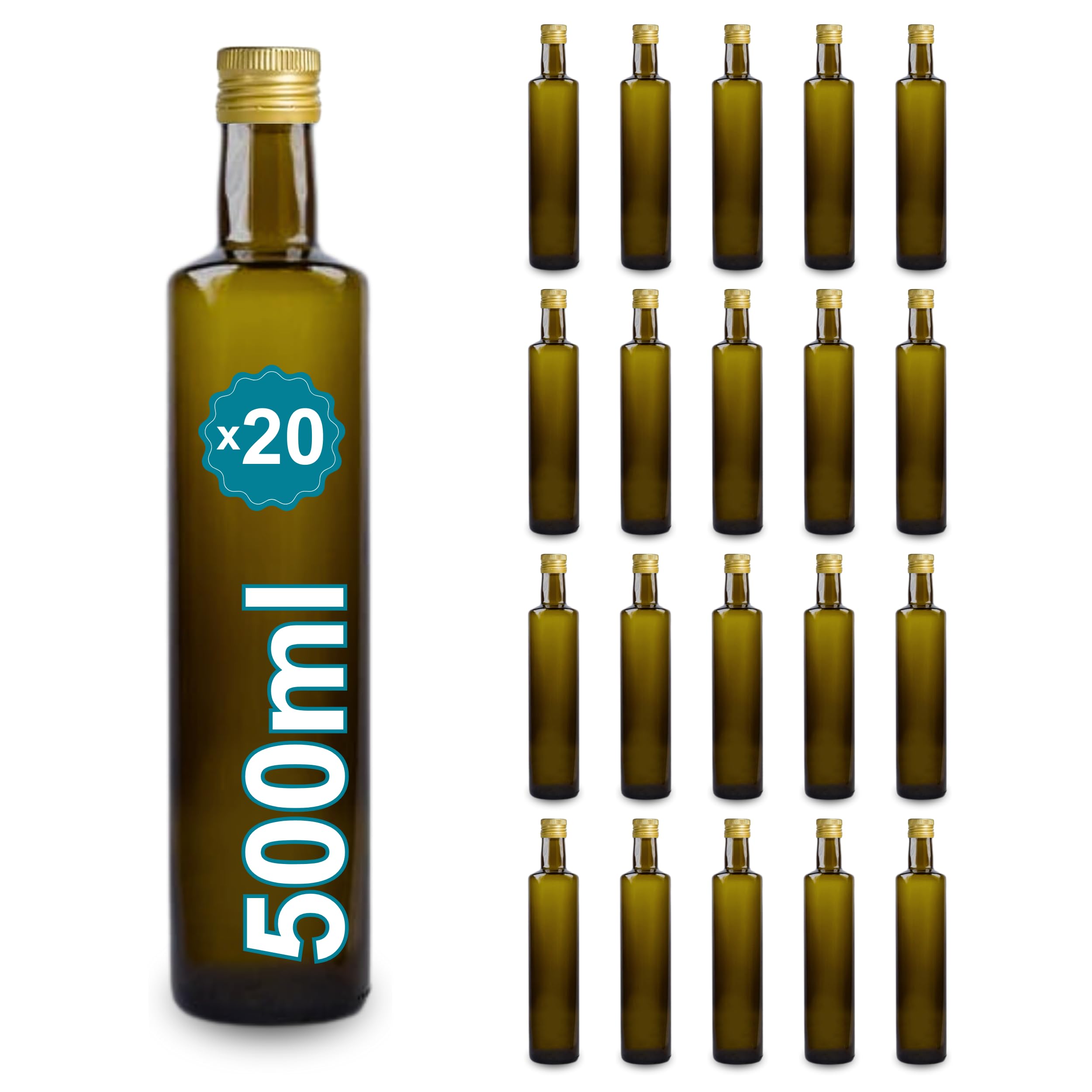 Espirito Rebelde Pack 20 Botellas de Cristal Oscuro 500 ml Línea Lotus con Tapas Metálicas – Aceite, Vinagre, Licores y Zumos | Botella Reutilizable