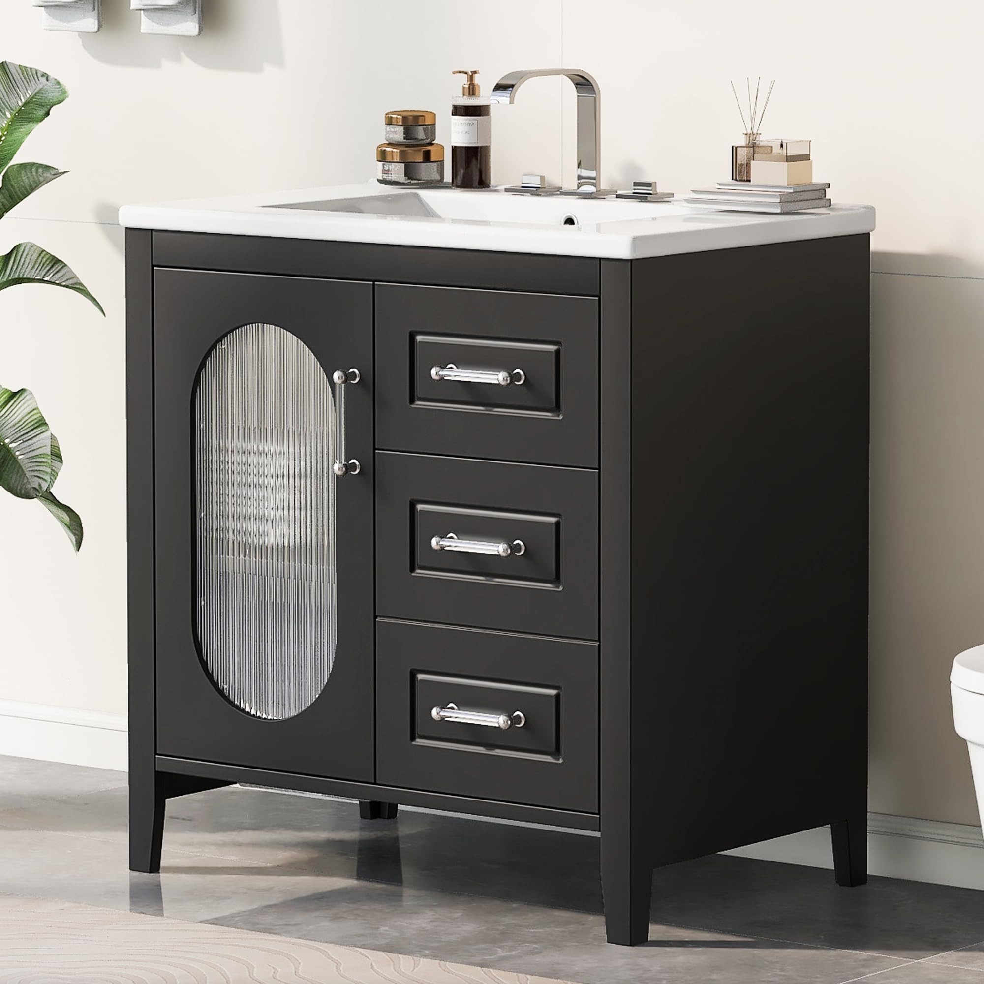 30 in Bathroom Vanity with Sink,Wood Single Bathroom Sink Cabinet with Drawers and Doors, Modern Freestanding Black Bathroom Vanities with Sink Combo