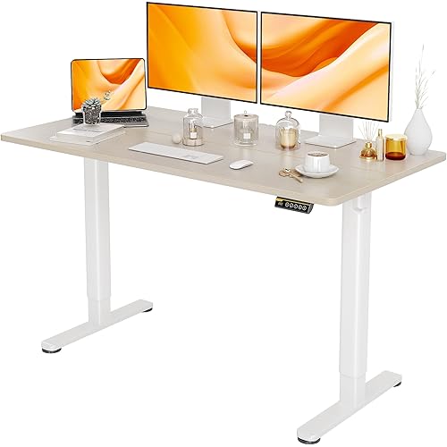 Claiks Electric Standing Desk, Adjustable Height Stand up Desk, 55x24 Inches Sit Stand Home Office Desk with Splice Board, White Frame/Nature Top