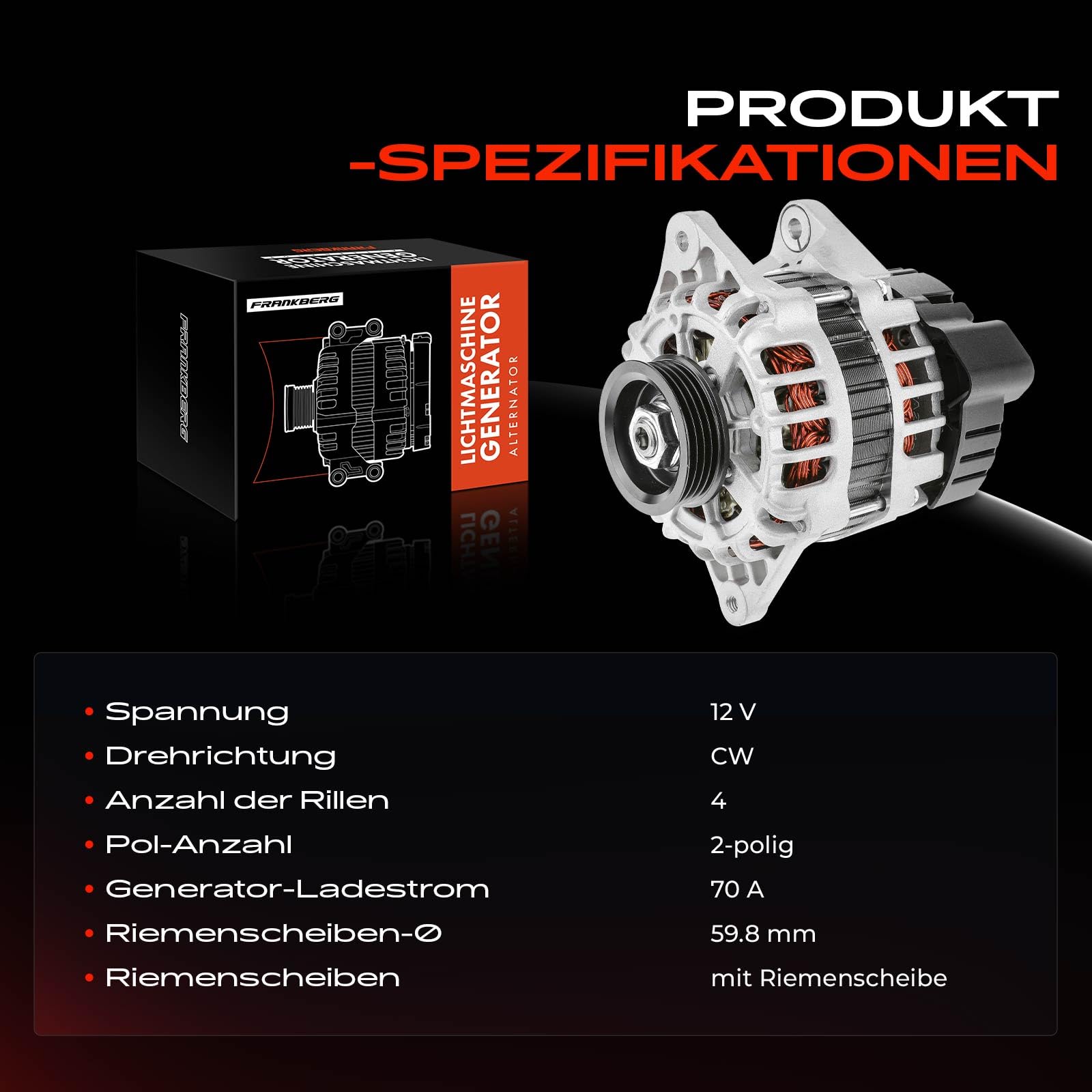 Frankberg Lichtmaschine Generator 70A Kompatibel mit Atos MX 1.0L 1.1L 1997-2008 Getz TB 1.1L 2002-2006 i10 PA 1.1L 2007-2013 Picanto BA SA 1.0L 1.1L 2009-2011 Replace# 3730002550