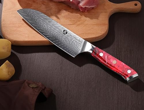 Miniatura 6 de WILDMOK Santoku Cuchillo de 7 pulgadas, cuchillo Santoku profesional japonés VG 10 de acero de Damasco, cuchillos con mango ergonómico de resina de