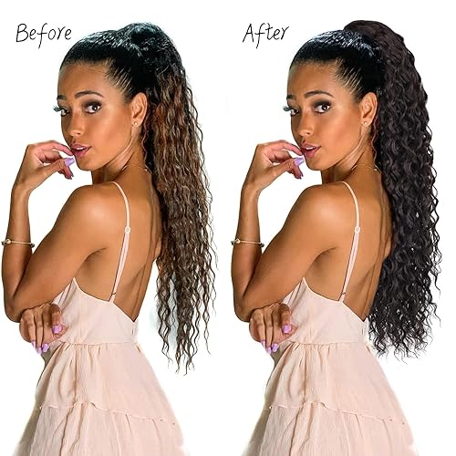 Miniatura 7 de Meepo Extensiones de cola de caballo rizadas de 24 pulgadas, cabello sintético de onda profunda con cordón para mujeres negras, sensación de cabello
