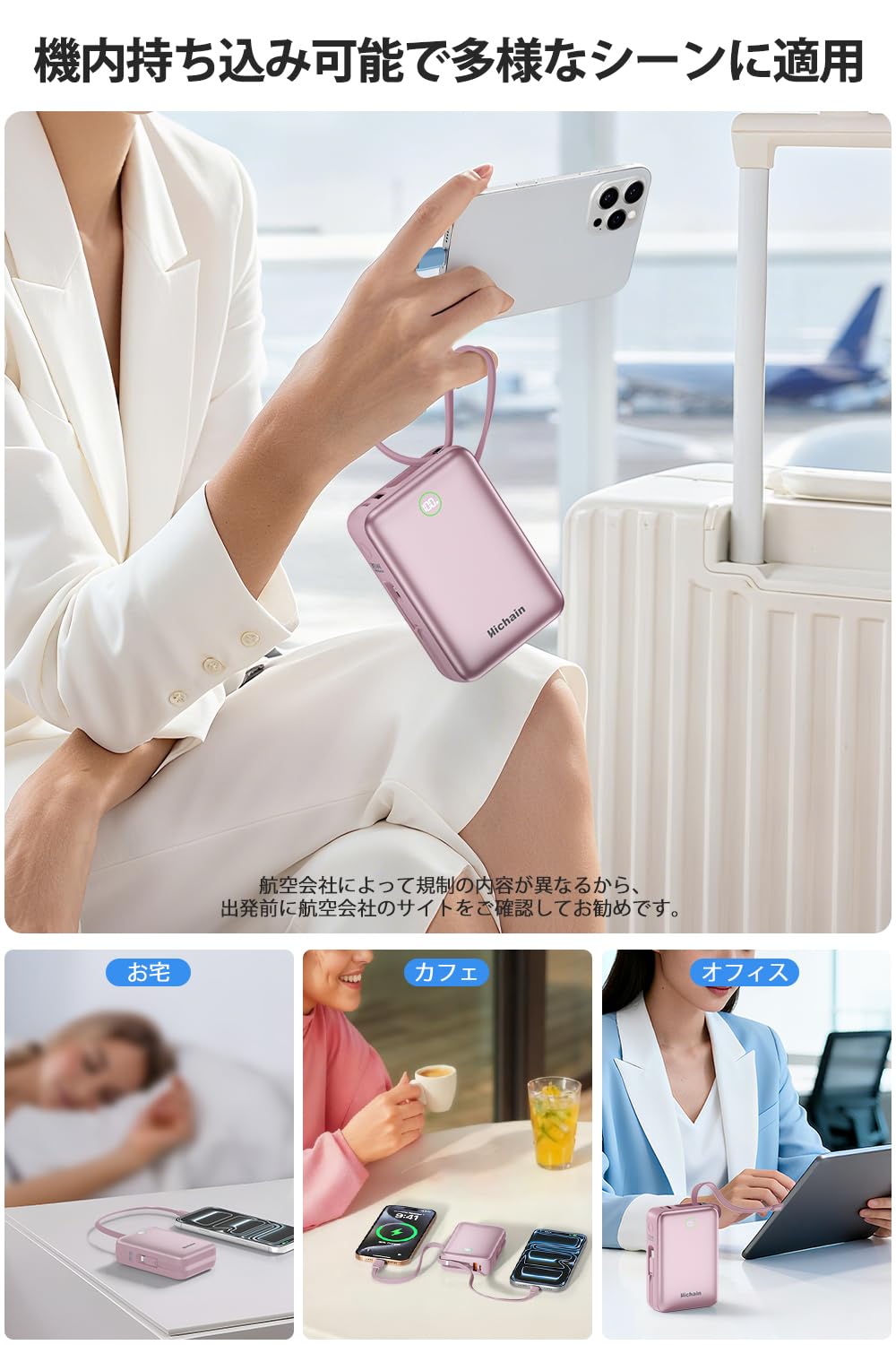 Hichain Chargeur portable 35 W à charge rapide 20 000 mAh, écran LED avec double câbles intégrés et 4 ports de sortie, chargeur de téléphone externe compatible avec iPhone, iPad, appareils Android