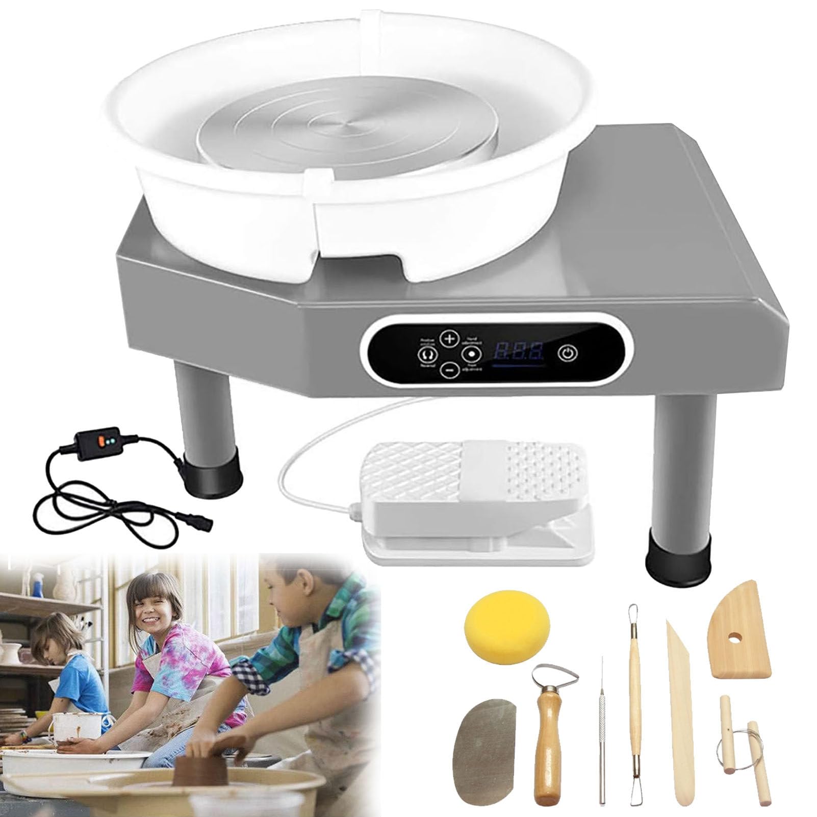 350 W elektrische Töpferscheiben, 25 cm Drehteller, Töpferformmaschine mit Fußpedal und abnehmbarem ABS-Becken, Töpferscheibe für Erwachsene, Kinder, Anfänger, DIY Tonkunst, Grau