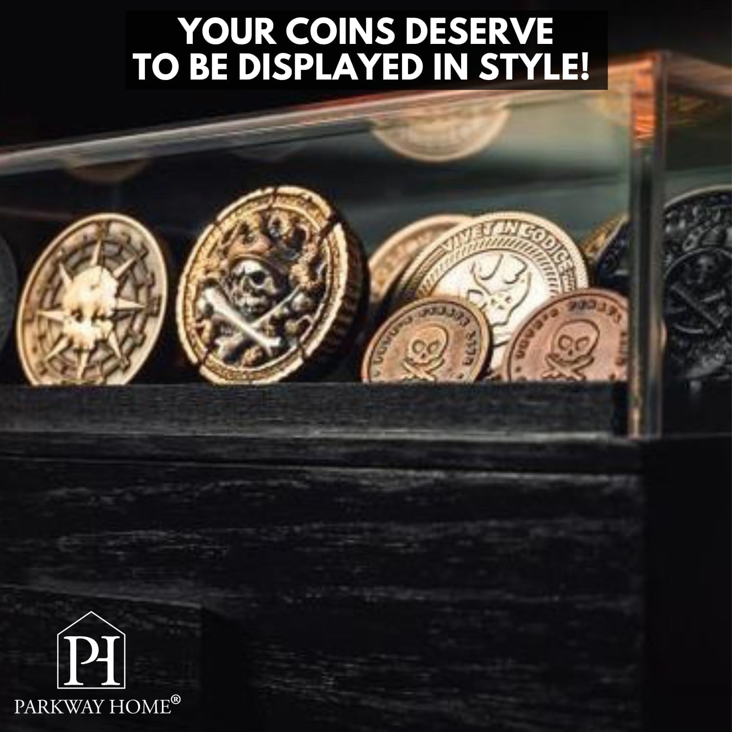 Black Wooden Challenge Coin Display Case with Clear Cover - Medium Military Coin Display Case Holds 20 Coins on Top & 16 in The Storage Drawer - Versatile Coin Stand Holder & Poker Chip Display Case