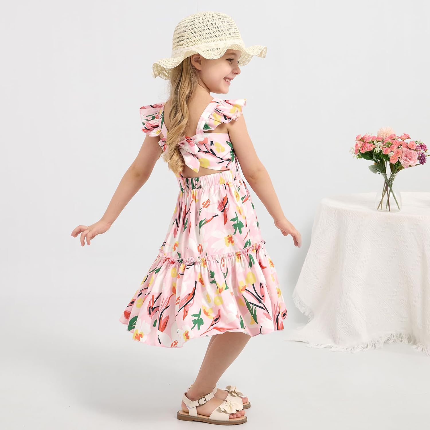 Girls Summer Floral Dresses Tie Back Flutter Sleeves Casual Spring Dress for 4-12 Years - Image 6