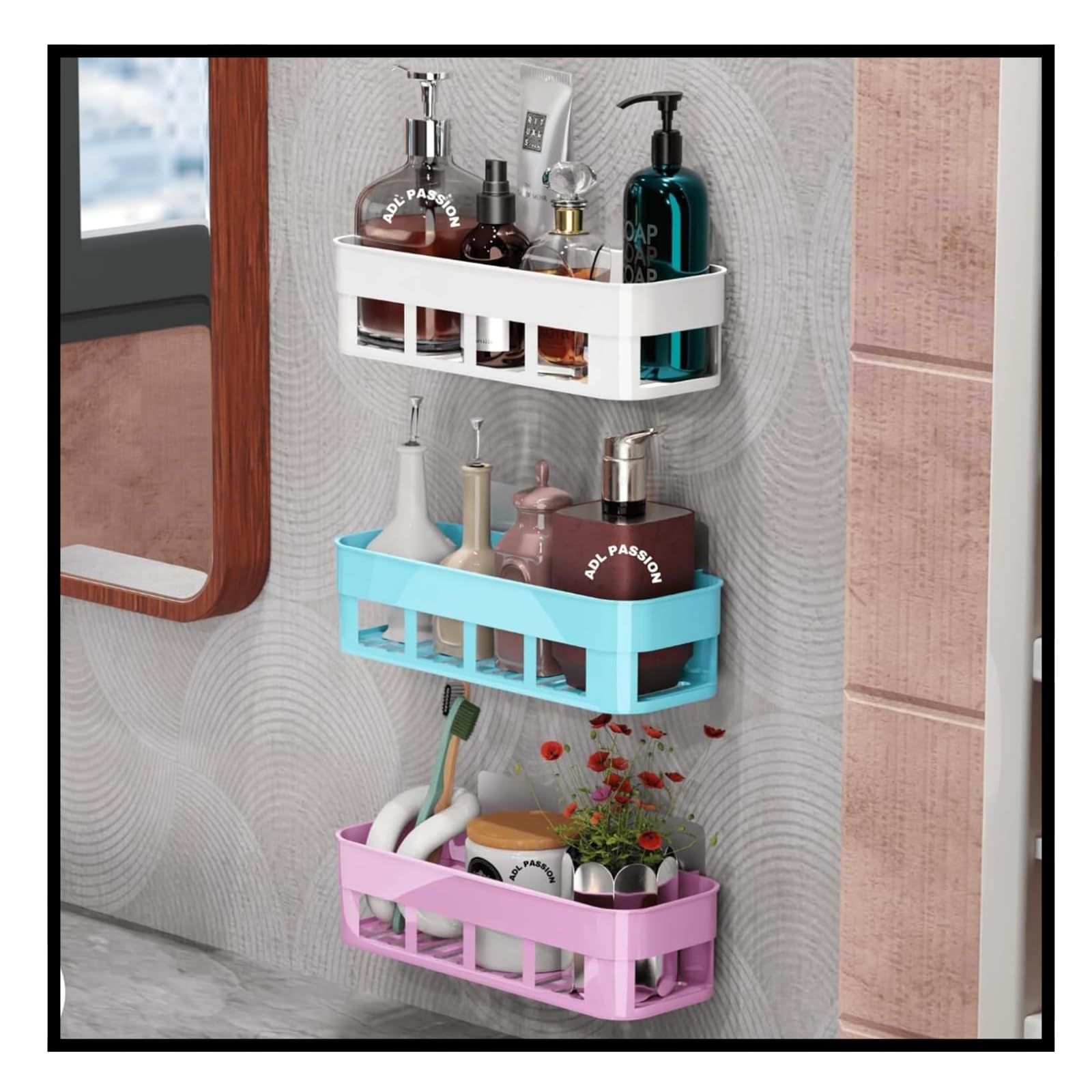 Wall Mounted Self Adhesive Plastic Bathroom Shelf/Self Bathroom Shelf/Bathroom Organizer/Bathroom Accessories (White, Pink, Blue, Pack of 3)