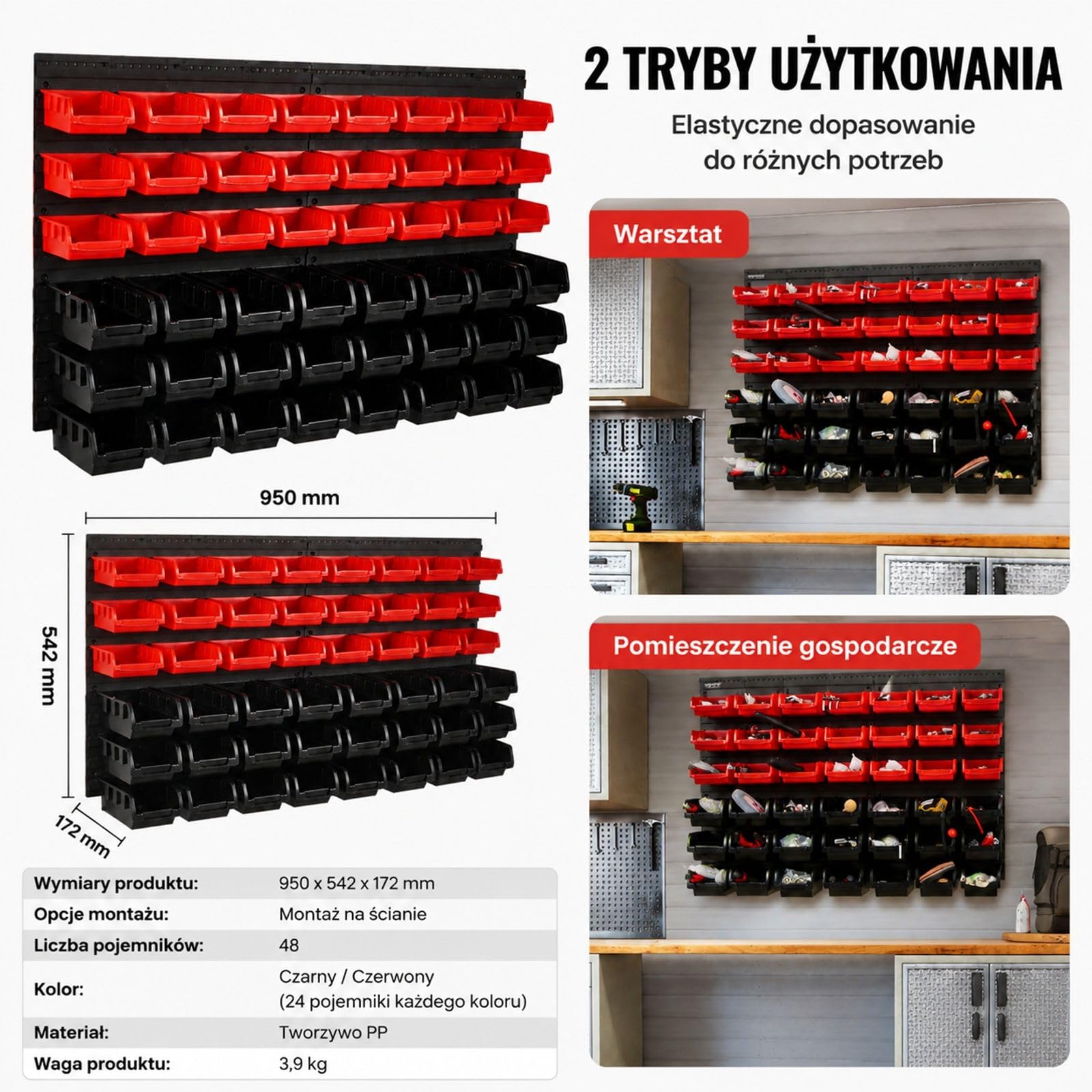 Ścienny organizer do przechowywania z 48 plastikowymi pojemnikami PP, czarny i czerwony, do garażu i warsztatu, na nakrętki, śruby, gwoździe, koraliki i guziki