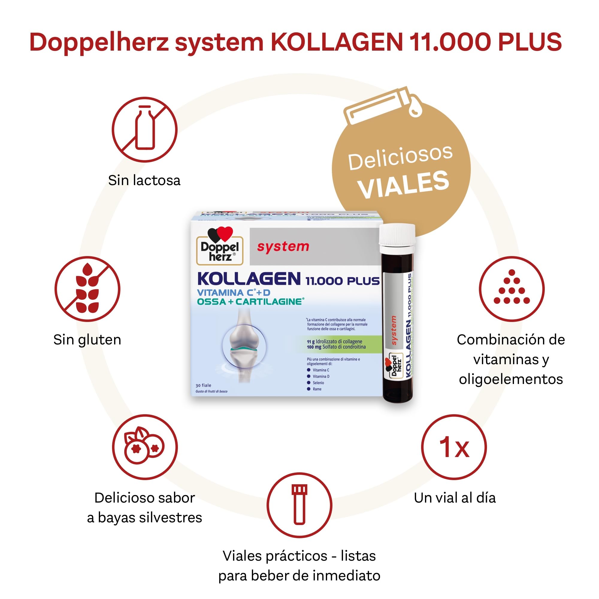 Doppelherz system KOLLAGEN 11000 PLUS - Complemento Alimenticio para Huesos, Articulaciones y Tendones con Colágeno, Vitaminas, Oligoelementos y Más, Sin Gluten ni Lactosa, 30 Viales