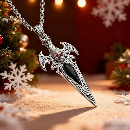Miniatura 2 de Collar de espada de calavera gótica para hombre, colgante de espada de plata de ley 925 con circonita negra, acabado oxidado vintage, regalo de