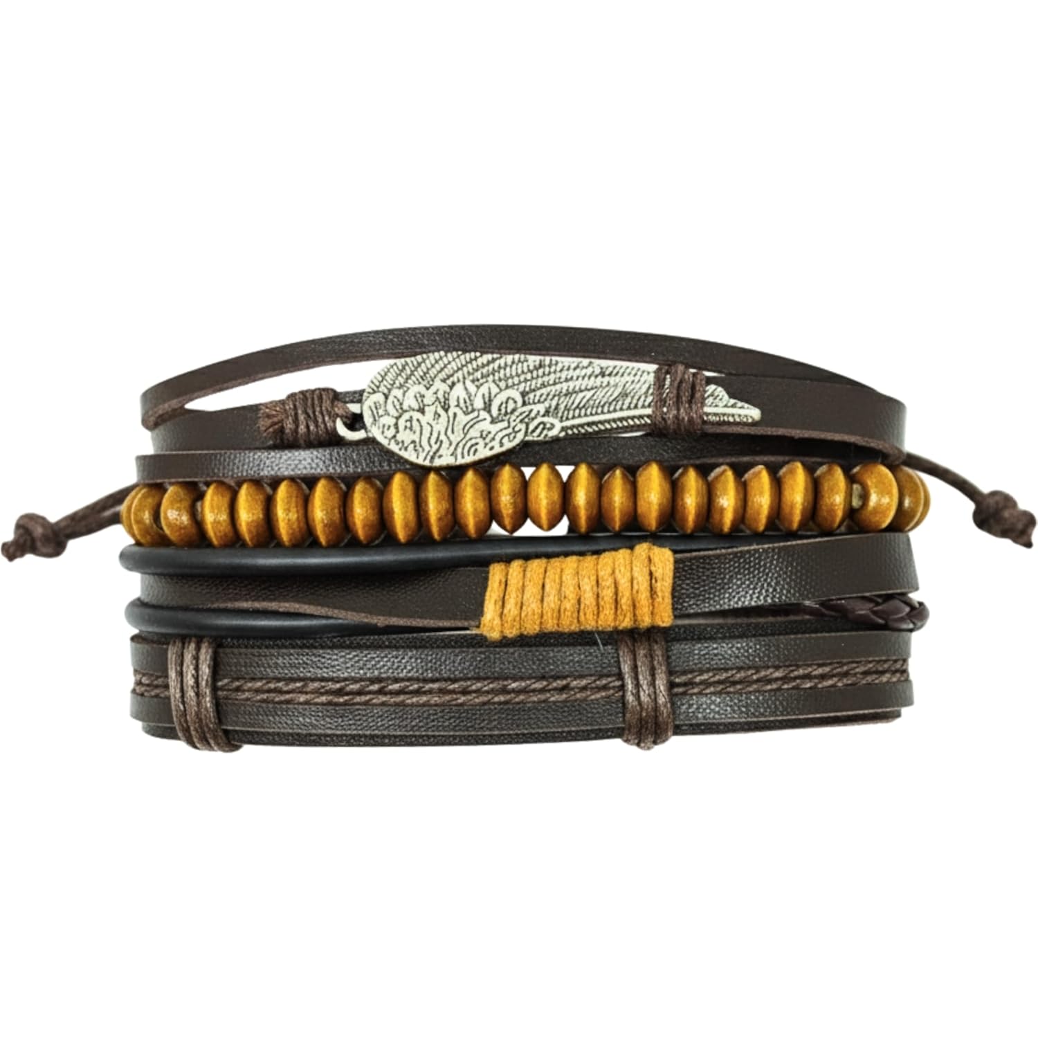 THE MEN THING EARTHBOUND FEATHER – 4 Pcs Genuine Leather Adjustable Bracelet Set for Men & Boys (8 inch)