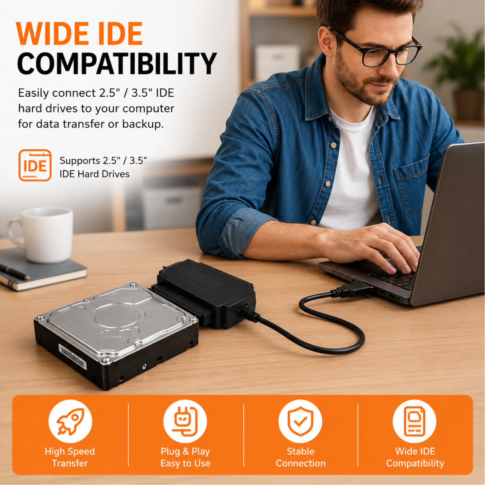 USB zu IDE SATA Adapter, IDE SATA Adapterkabel, USB 2.0 Adapter Kabel für 2,5 3,5 Zoll HDD SSD Laufwerke, USB auf SATA Konverter für CD DVD Laufwerk Externer Festplatten PC Laptop Datenübertragung